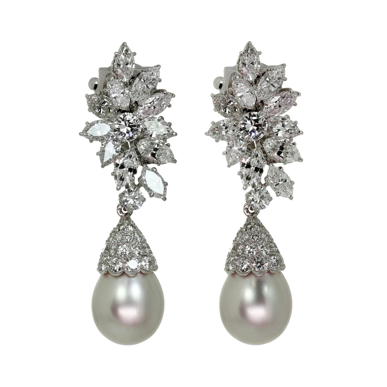Van Cleef & Arpels Diamond Detachable Cultured Pearl Drop Clip-On Earrings For Sale