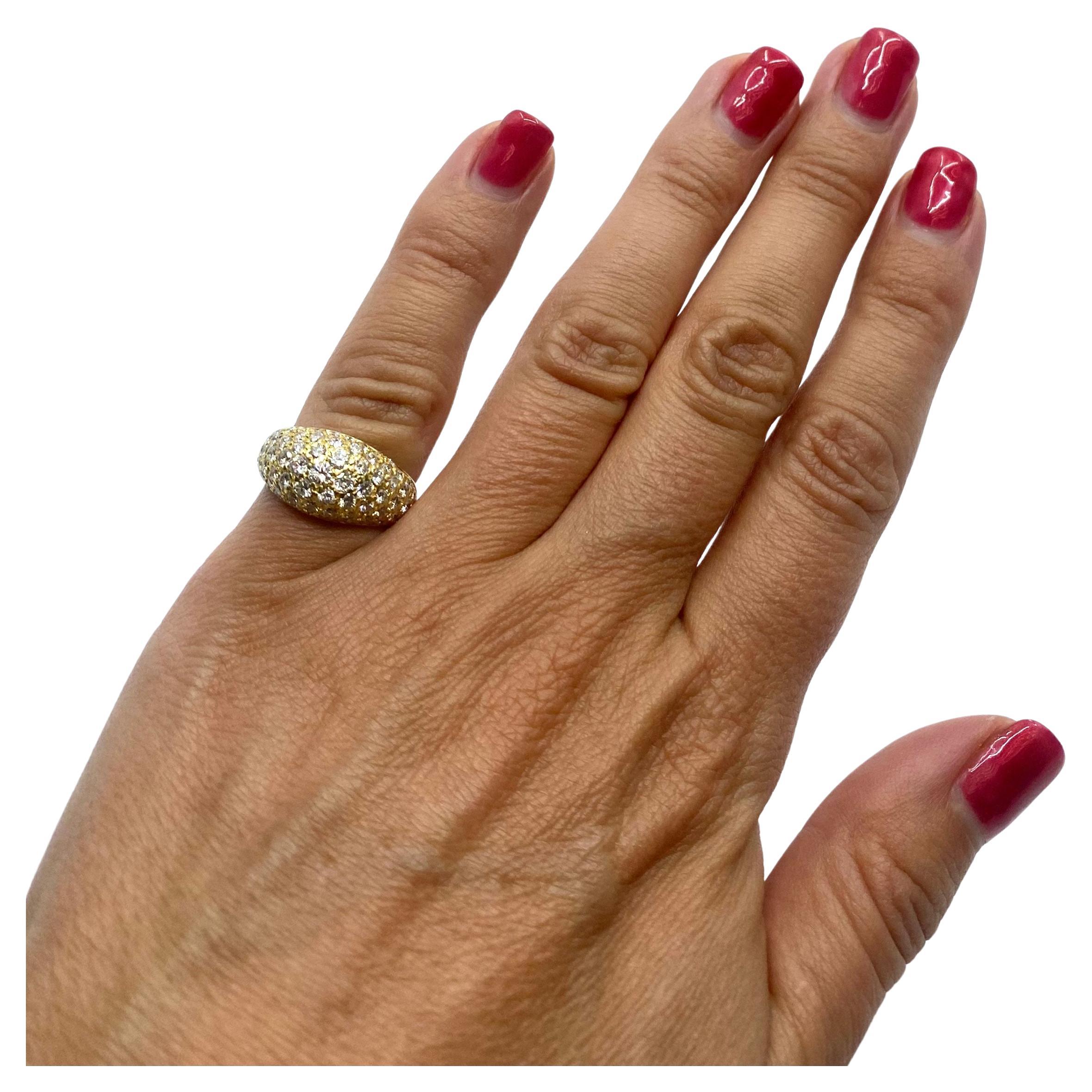 

DESIGNER: Van Cleef & Arpels
MATERIALS: 18k Yellow Gold
GEMSTONE:  Round Brilliant Cut Diamond 
WEIGHT: 4.7 grams
RING SIZE: 5.75
HALLMARKS: VCA, 18K,  & the serial number 

A classic diamond dome ring by Van Cleef & Arpels, made of 18k gold. The