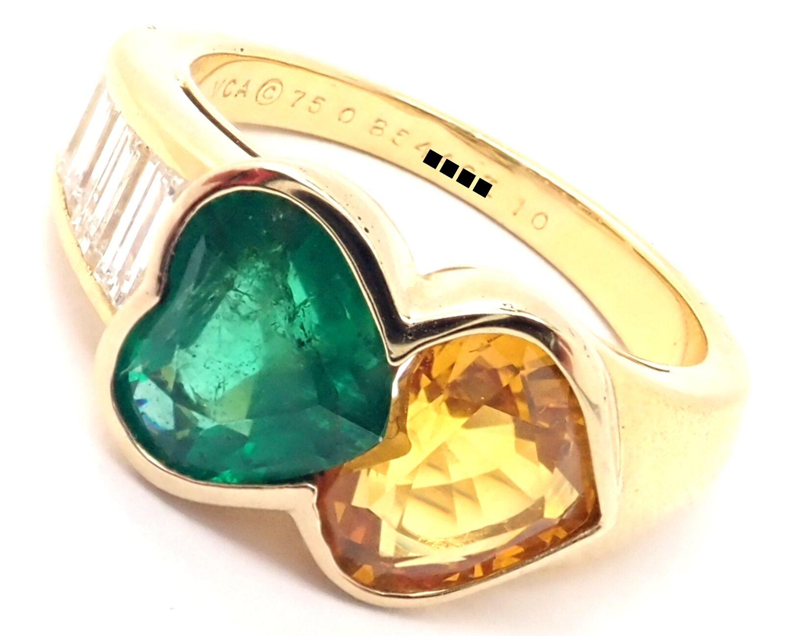 18k Yellow Gold Diamond, Emerald and Yellow Sapphire Band Ring by Van Cleef & Arpels. 
With 7 emerald cut diamonds, VVS1 Clarity, G Color. Total Diamond Weight approx. .50ct. 
1 Heart Shape Emerald Stone total weight 1.5ct
1 Heart Shape Yellow