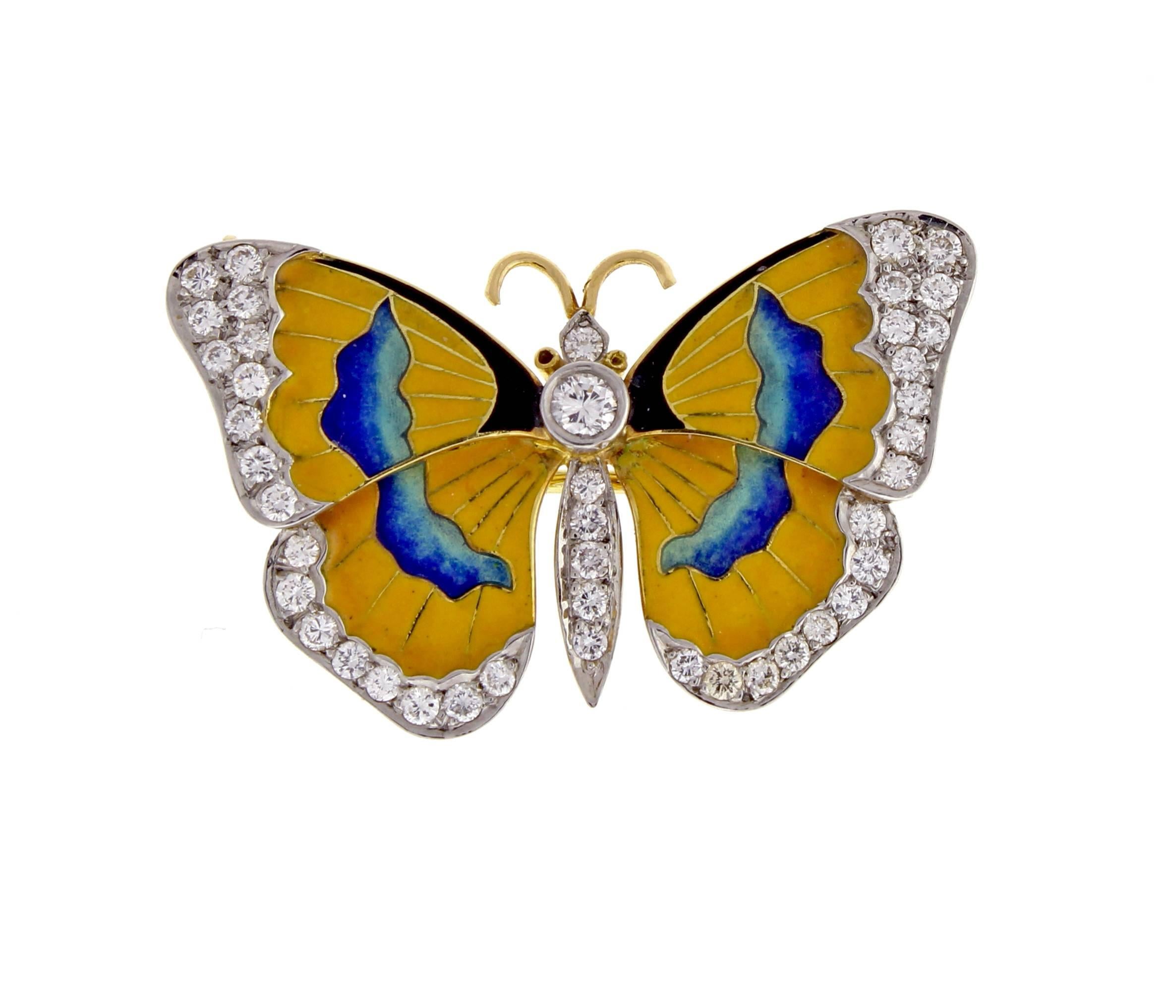 From Van Cleef & Arpels, a stunning enamel and diamond butterfly brooch. The 18 karat yellow gold brooch easily converts to a necklace. The brooch is set with 43 brilliant diamonds weighing approximately .70 carats and finished with vibrant hand