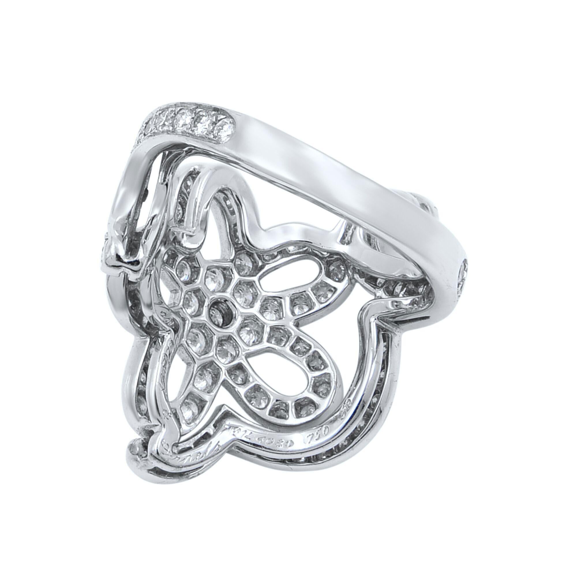Van Cleef & Arpels Diamond Flower Cocktail Ring 18K White Gold 1.56Cttw Size 50 In Excellent Condition For Sale In New York, NY