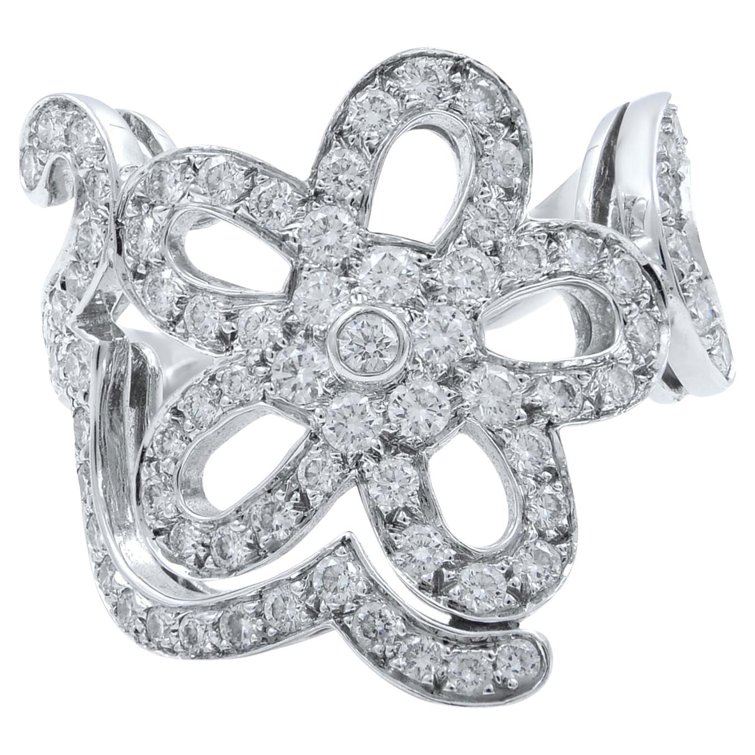Van Cleef & Arpels Diamond Flower Cocktail Ring 18K White Gold 1.56Cttw Size 50 For Sale