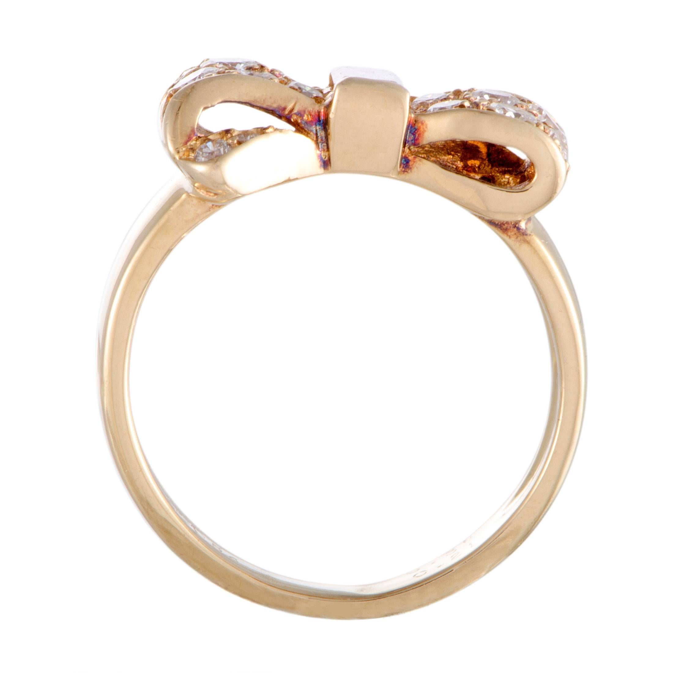 The brand’s distinctive style and demanding standards of quality are perfectly embodied in this gracefully elegant and adorably feminine ring from Van Cleef & Arpels where the gorgeous motif of a bow is presented in 18K yellow gold and glistening