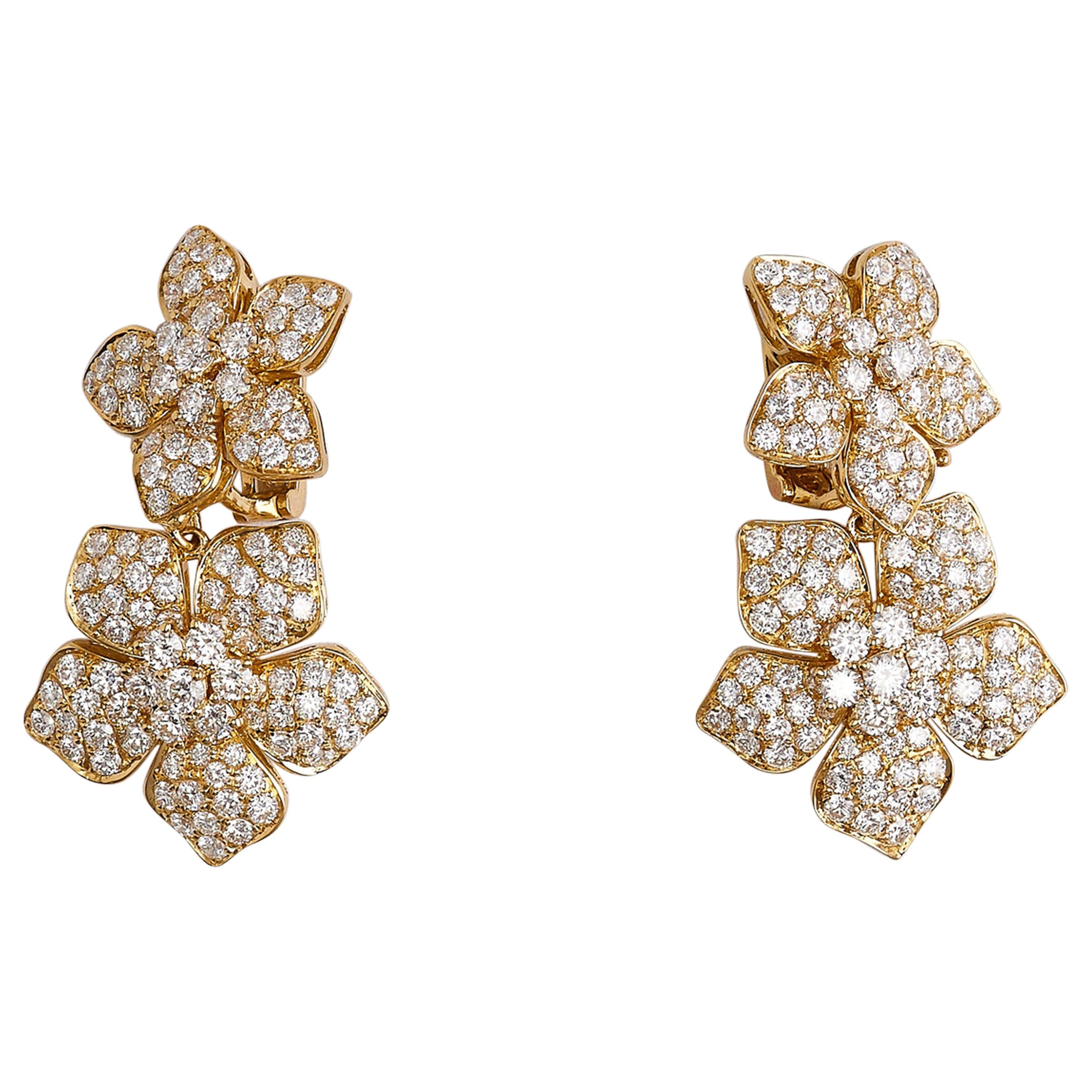Van Cleef & Arpels Diamond Gold Clip-On Double Flower Earrings