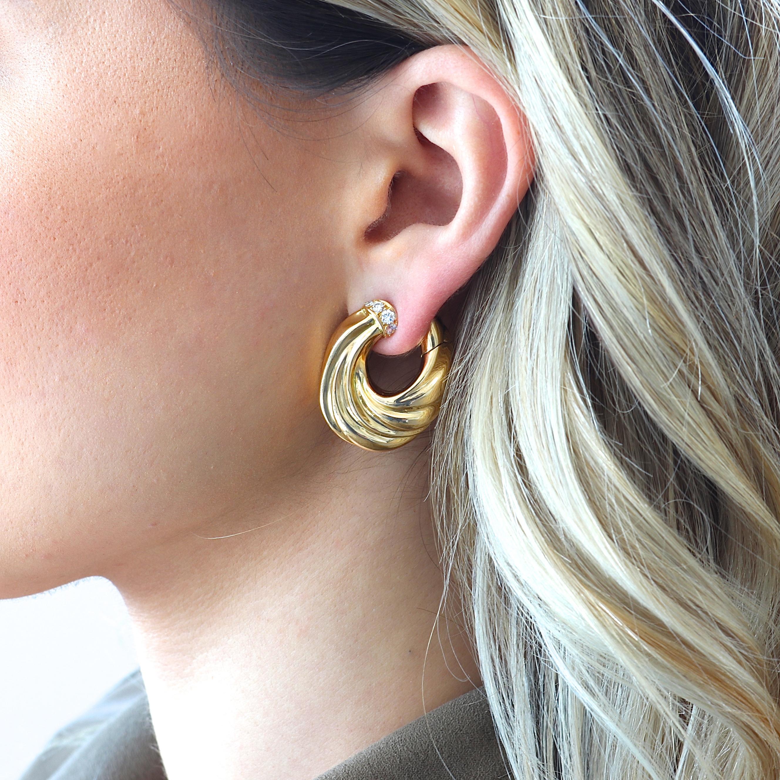 Van Cleef & Arpels Diamond Gold Hoop Earrings In Excellent Condition In Beverly Hills, CA