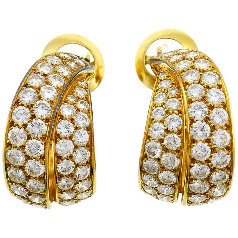 Van Cleef and Arpels Diamond Gold Hoop Earrings Vintage, 1970s For Sale