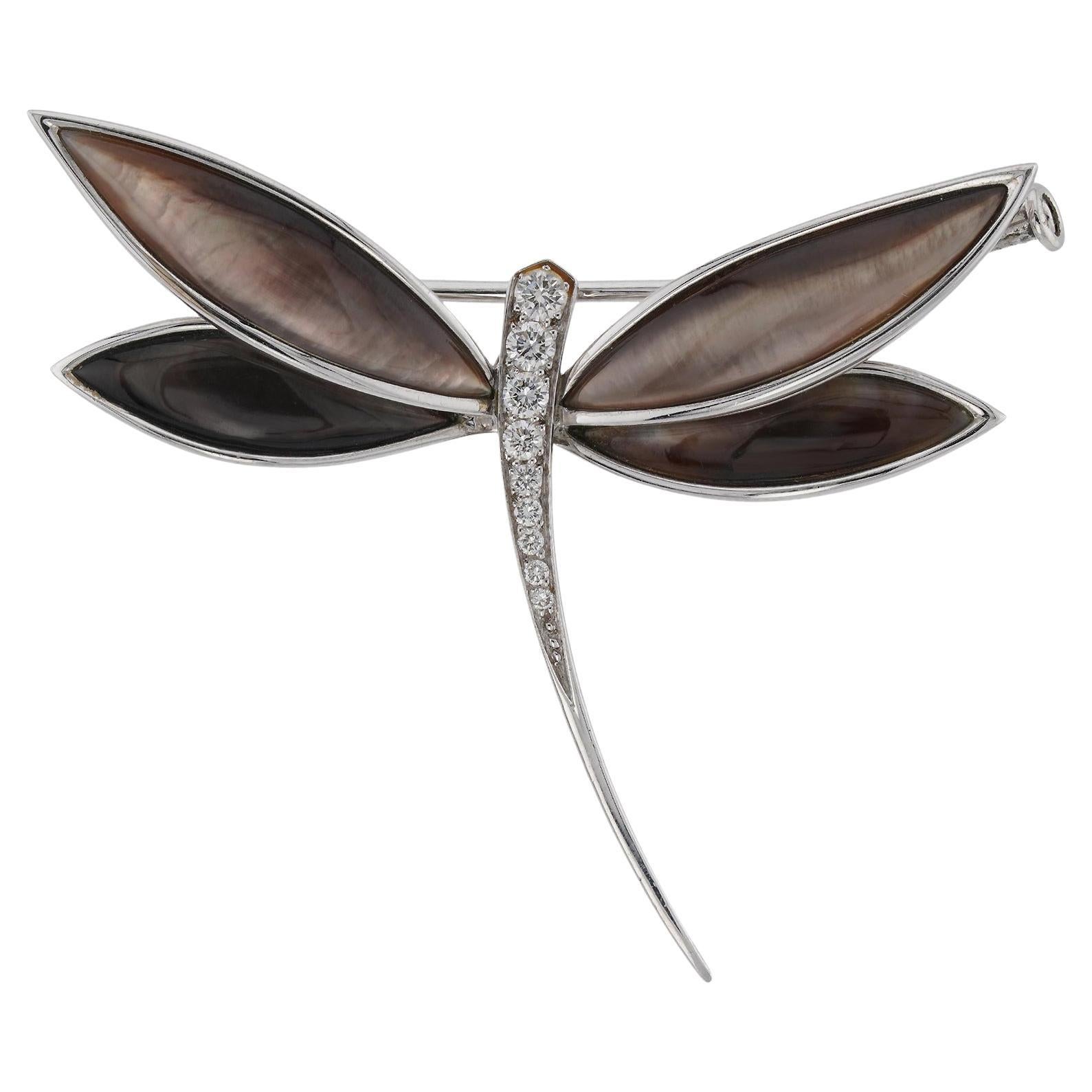 VAN CLEEF & ARPELS Diamond Gray Mother-of-Pearl White Gold Dragonfly Brooch