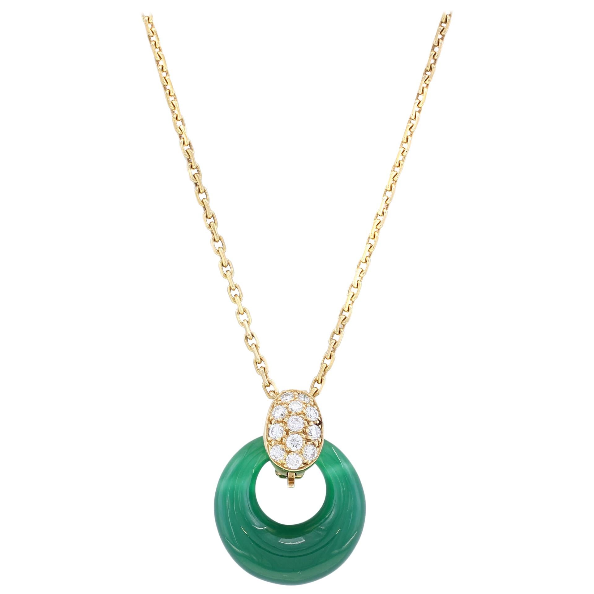 Van Cleef & Arpels Diamond Green Chalcedony Yellow Gold Pendant Necklace