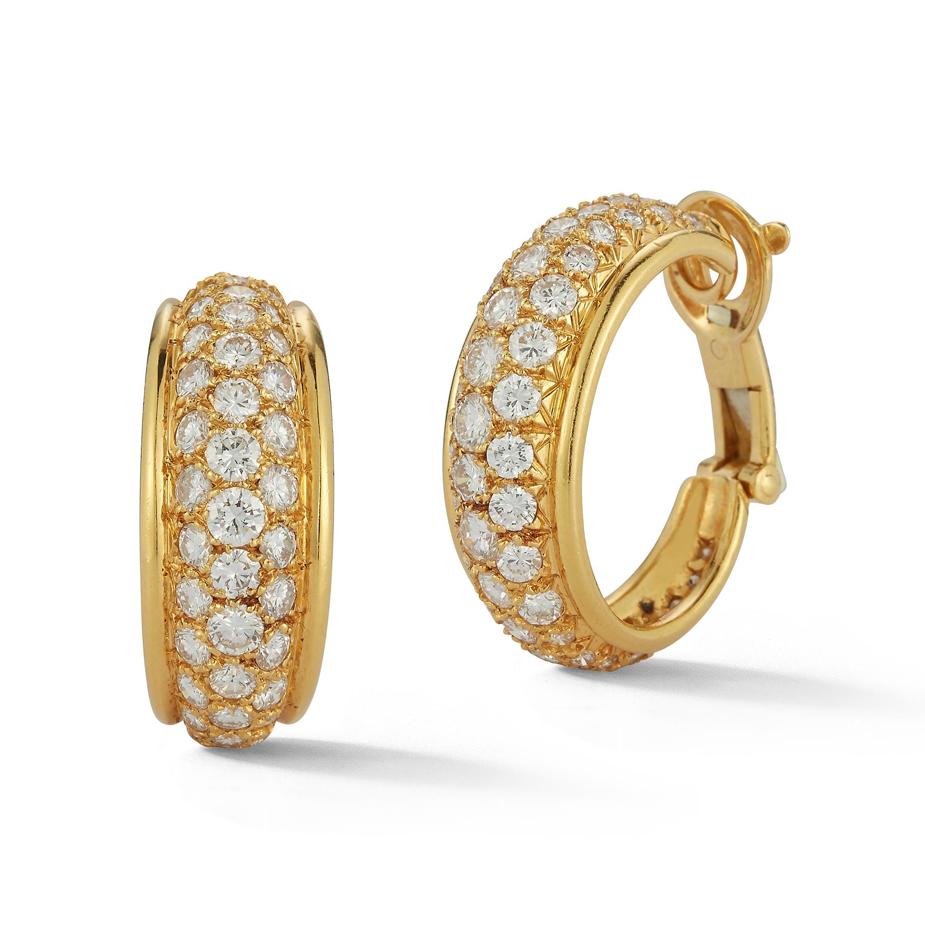 Van Cleef & Arpels Diamond Hoop Earrings, round brilliant cut diamonds set in 18K yellow gold

Measurements: 1