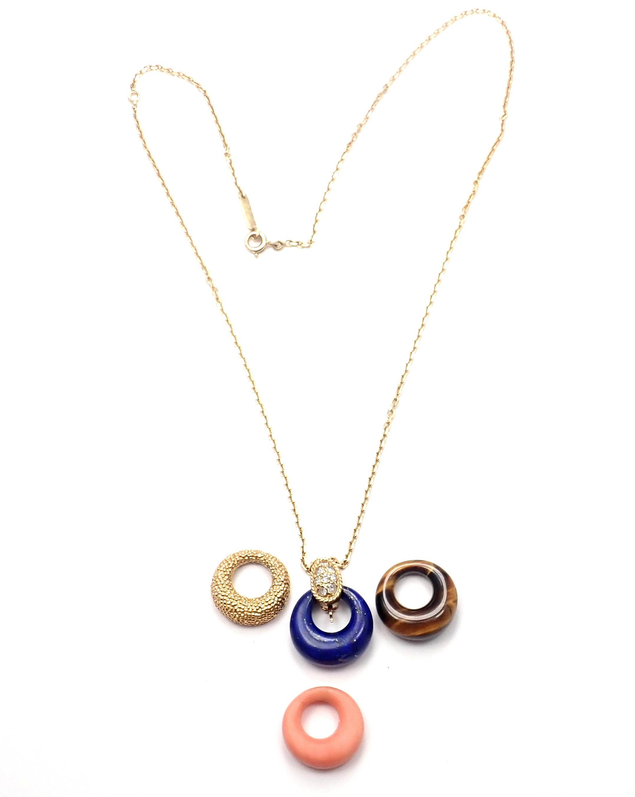 Round Cut Van Cleef & Arpels Diamond Lapis Lazuli Coral 4 Pendants Yellow Gold Necklace
