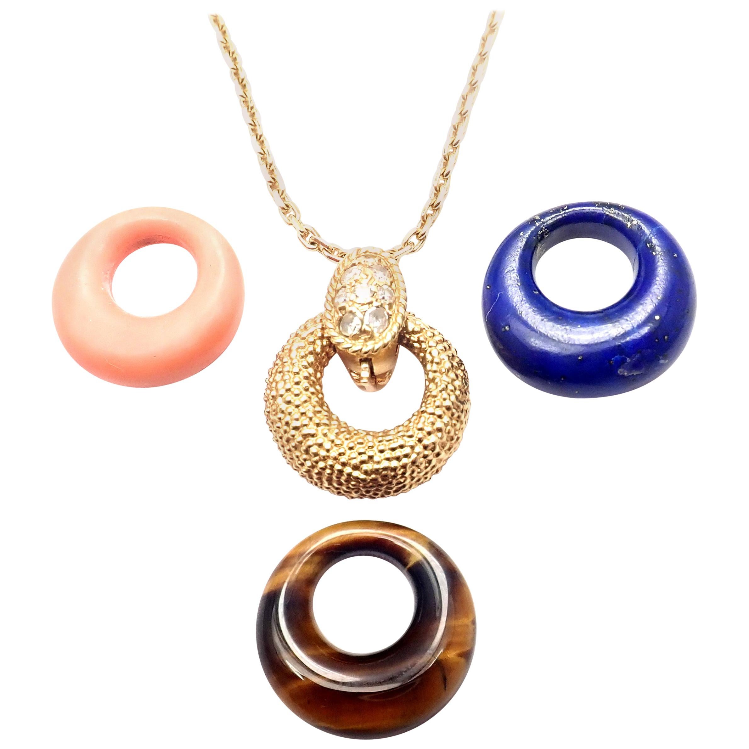Van Cleef & Arpels Diamond Lapis Lazuli Coral 4 Pendants Yellow Gold Necklace