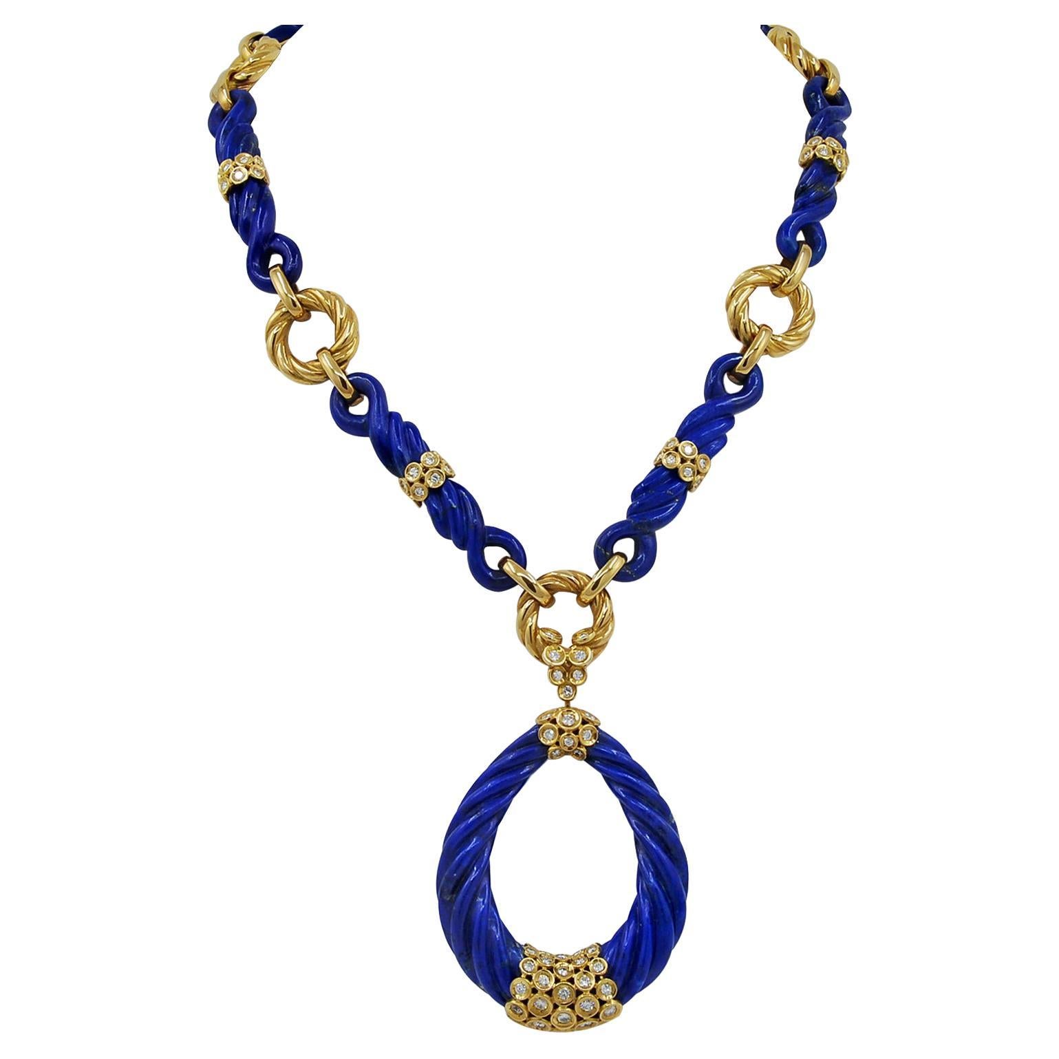 Van Cleef & Arpels Vintage 1970s Diamond Lapis Lazuli Pendant-Necklace For Sale