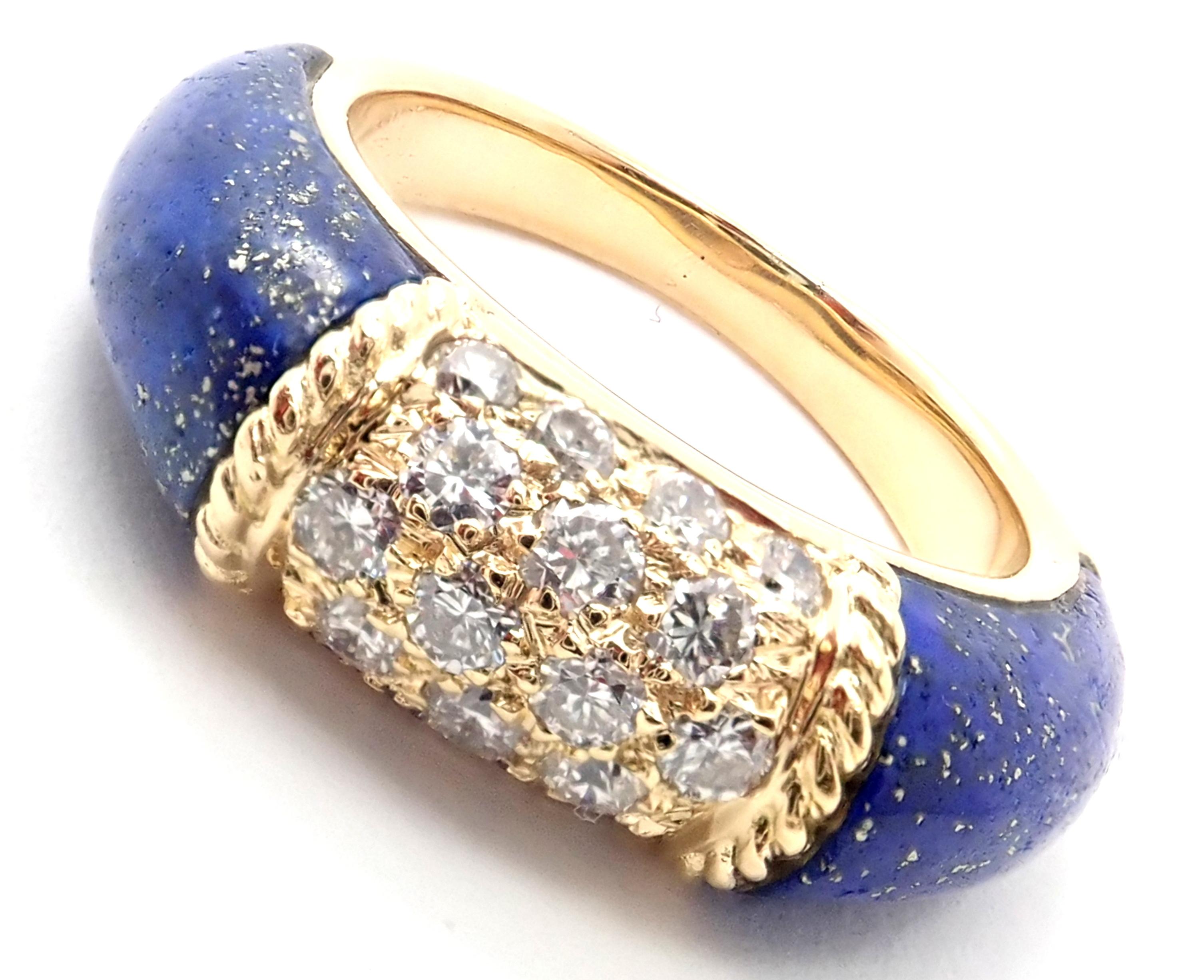 18k Yellow Gold Diamond & Lapis Lazuli Philippine Band Ring by Van Cleef & Arpels. 
With 18 round brilliant cut diamond VS1 clarity, G color total weight .50ct. 
And 2 beautiful lapis lazuli stones 14mm x 7mm.
Details: 
Ring Size: 5 3/4
Weight: 8