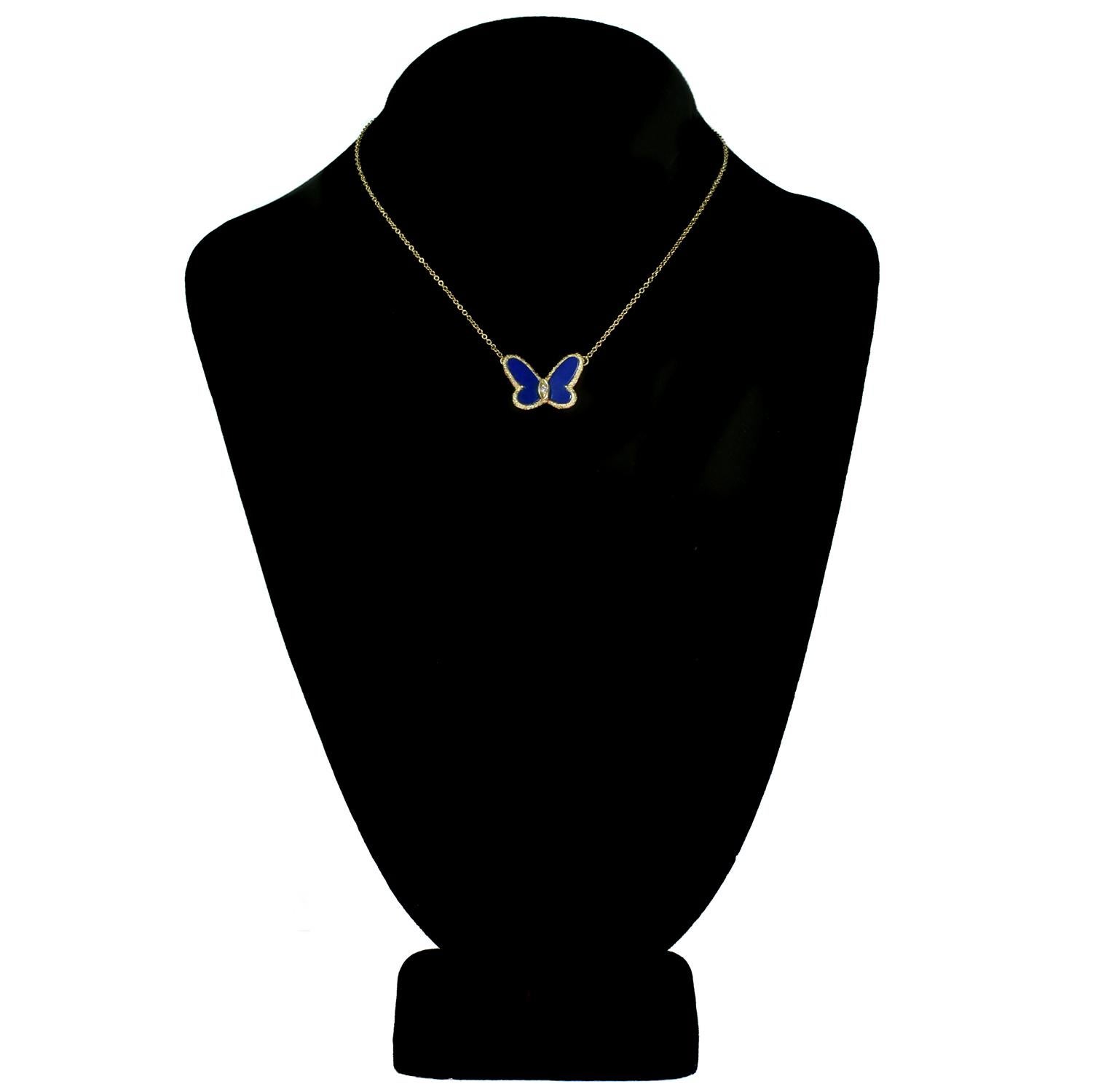Women's Van Cleef & Arpels Diamond Lapis Lazuli Yellow Gold Butterfly Pendant Necklace