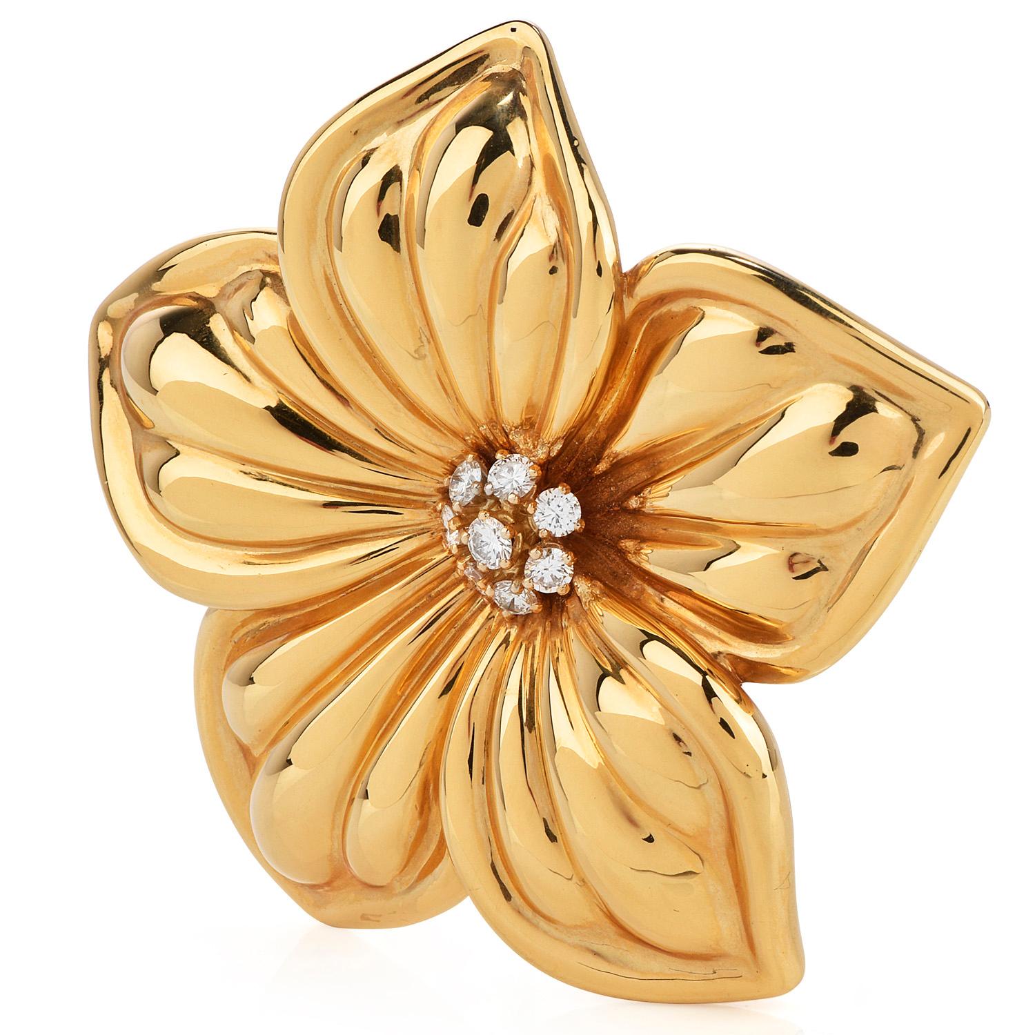 Bright and dazzling diamond & 18K yellow gold brooch, inspired by the natural elegance of the Magnolia Flower.

Crafted in solid 18K yellow gold, composed of (7) round-cut, prong-set, Diamonds weighing approximately 0.75 carats (E-F color and