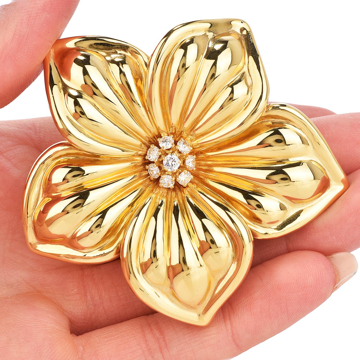 Women's Van Cleef & Arpels Diamond Large 18K Gold Magnolia Floral Pin Brooch