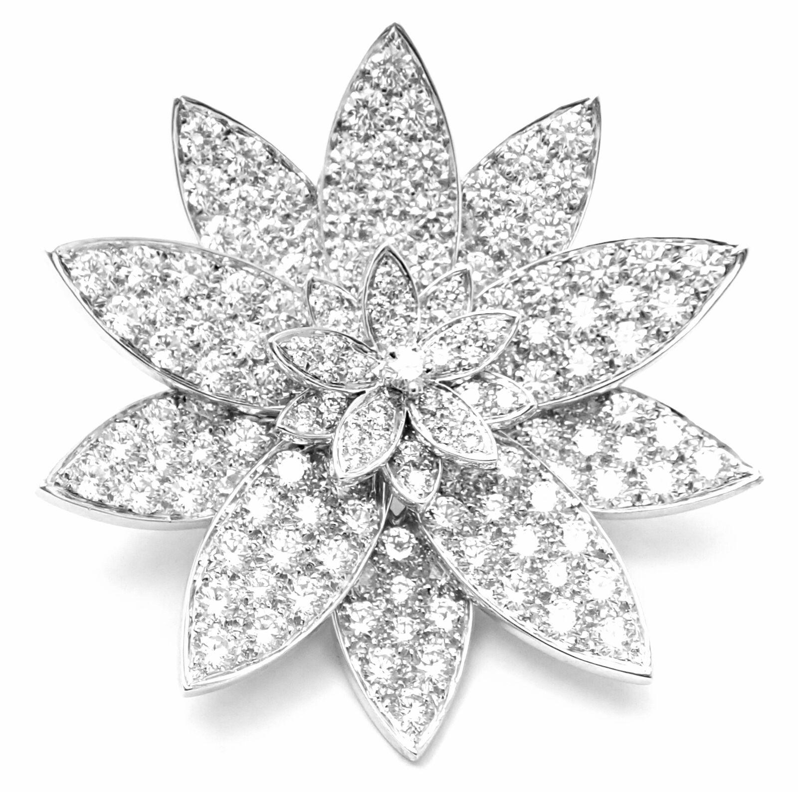 Van Cleef & Arpels Diamond Large Model Lotus White Gold Clip Brooch Pin In Excellent Condition For Sale In Holland, PA