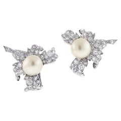 Retro Van Cleef & Arpels Diamond Leaf South Sea Pearl Earrings