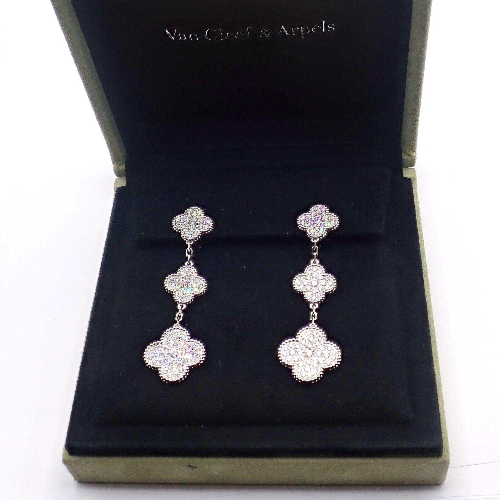 Women's or Men's Van Cleef & Arpels Diamond Magic Alhambra 3 Motifs White Gold Long Earrings