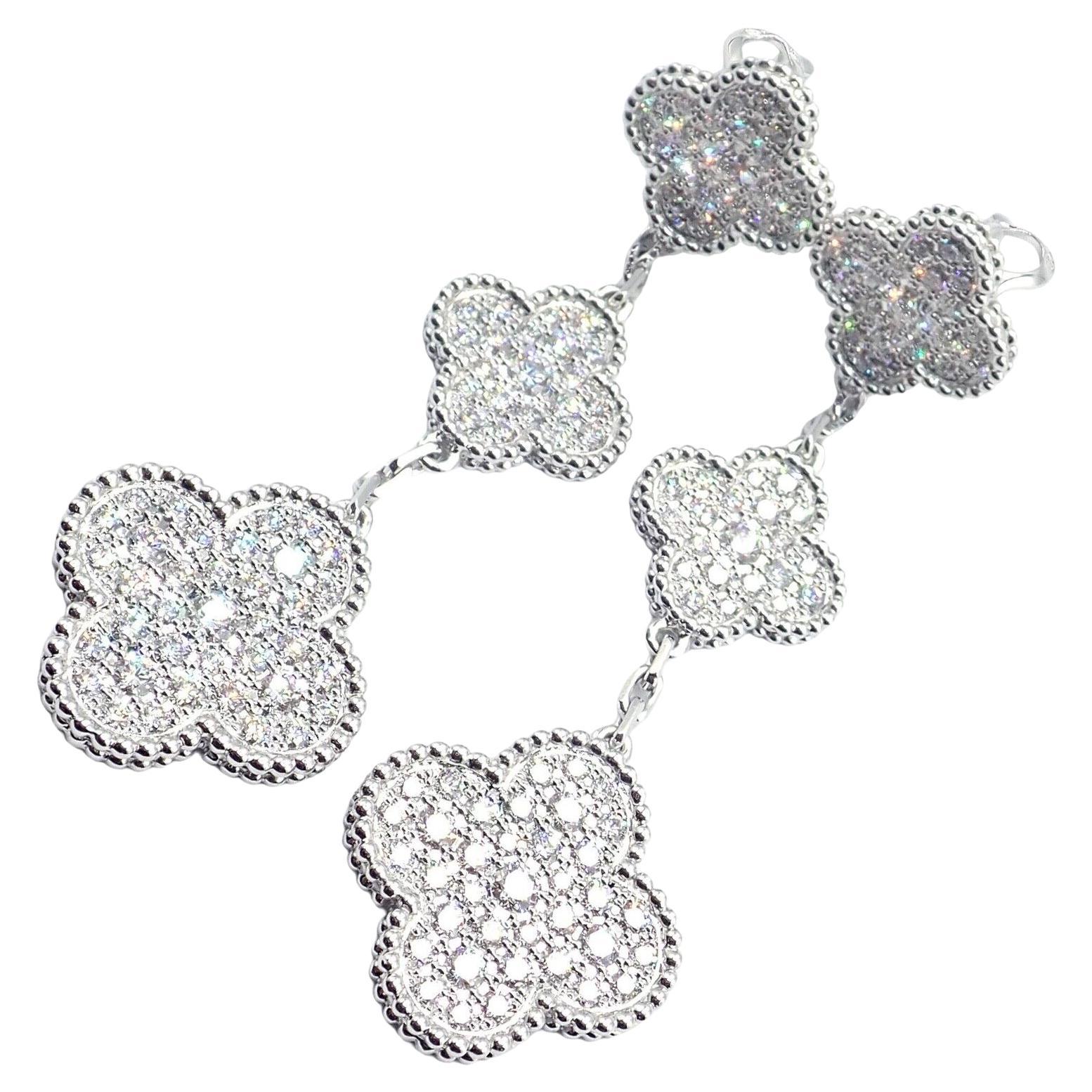 Van Cleef & Arpels Diamond Magic Alhambra 3 Motifs White Gold Long Earrings For Sale