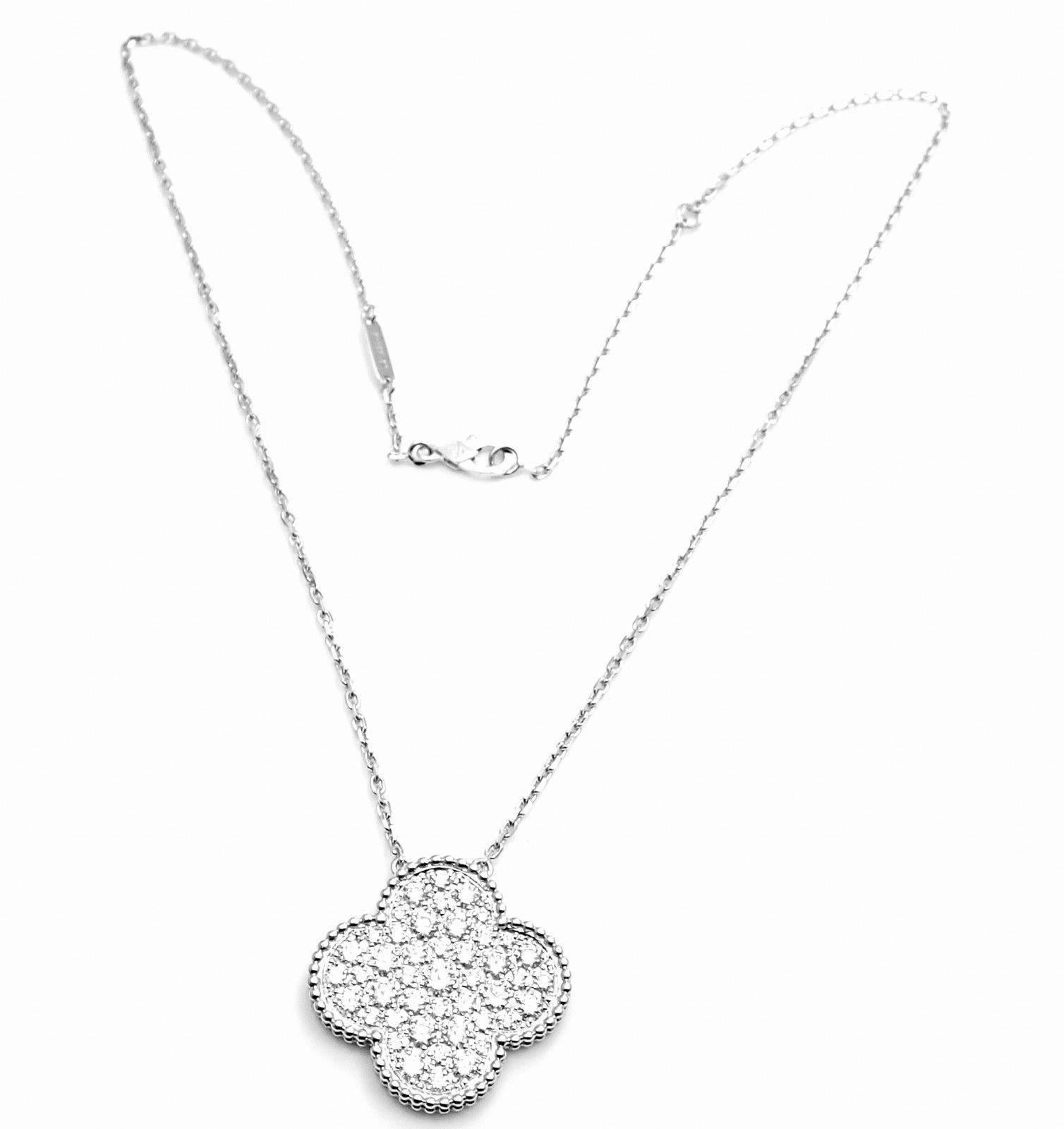 18k White Gold Diamond Magic Alhambra Pendant Necklace 
With 45 round brilliant cut diamonds VVS1 clarity, E color 
total weight approx. 2.44ct
This necklace comes with Van Cleef & Arpels box and a Van Cleef & Arpels service paper from 
VCA store in