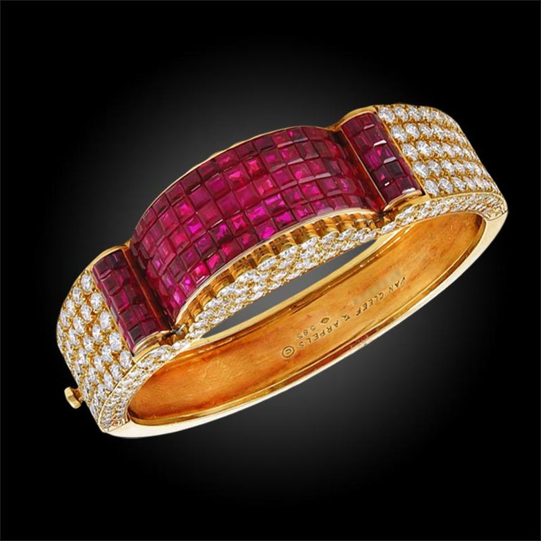 Van Cleef and Arpels Diamond Mystery-Set Ruby Gold Bangle Bracelet For ...