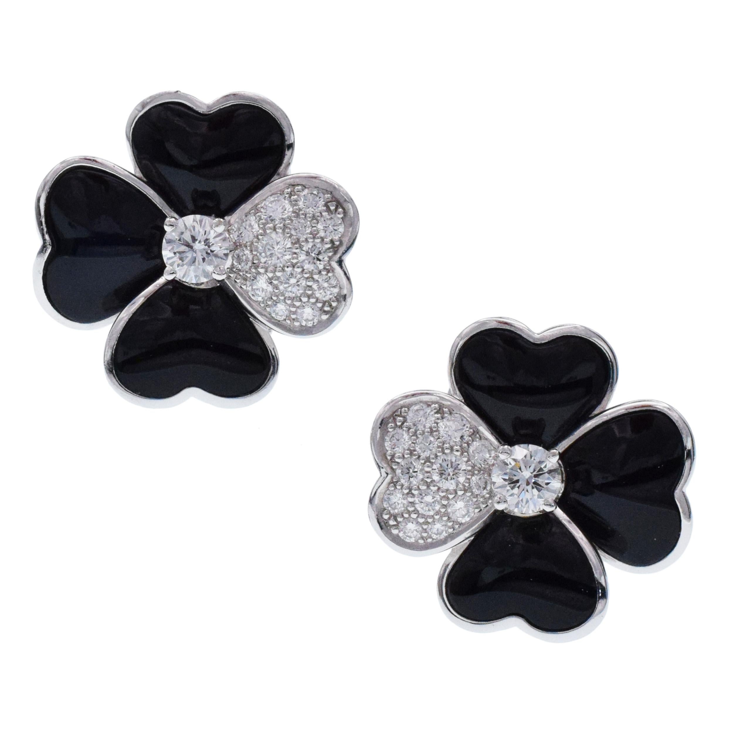 Women's Van Cleef & Arpels Diamond, Onyx, and White Gold 'Cosmos' Clip Earrings For Sale