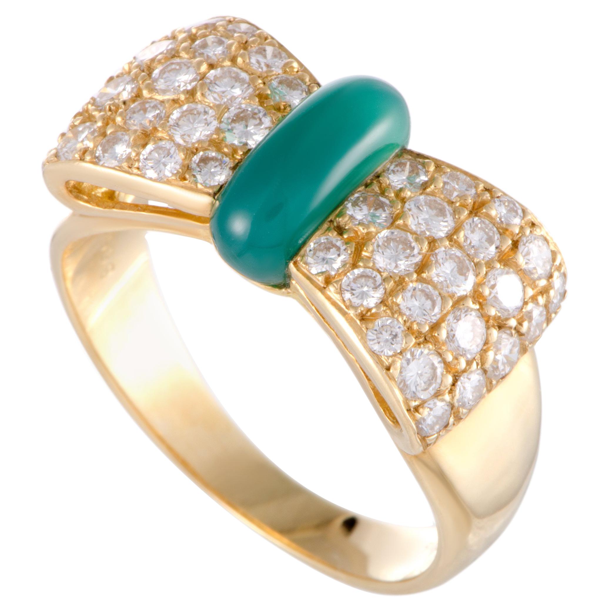 Van Cleef 
Arpels Diamond Pave and Green Chalcedony Yellow Gold Bow Ring