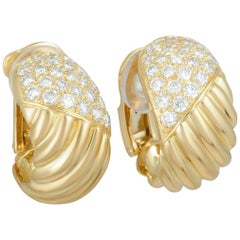 Van Cleef & Arpels Diamond Pave Ribbed Yellow Gold Wide Hoop Clip-On Earrings