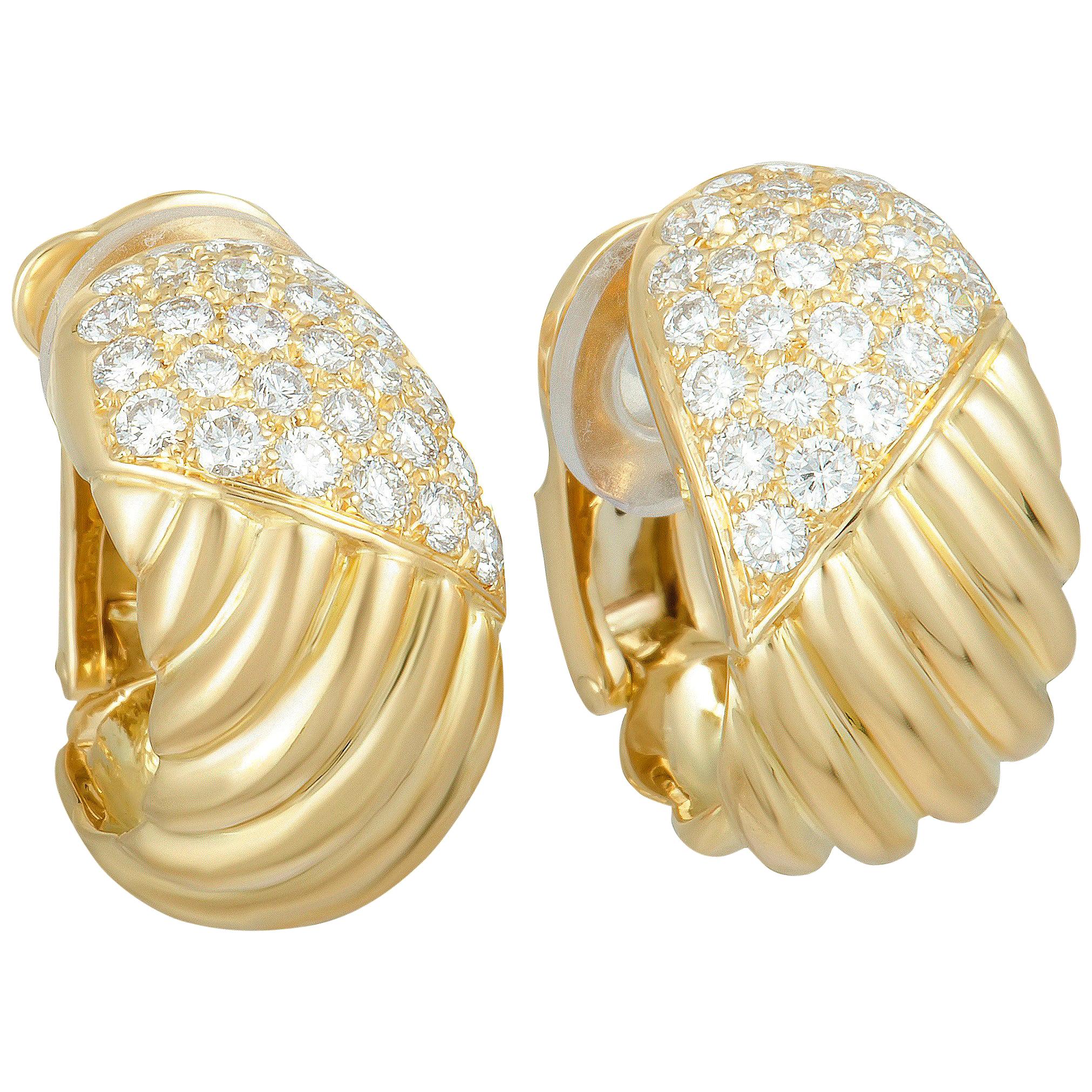 Van Cleef & Arpels Diamond Pave Ribbed Yellow Gold Wide Hoop Clip-On Earrings