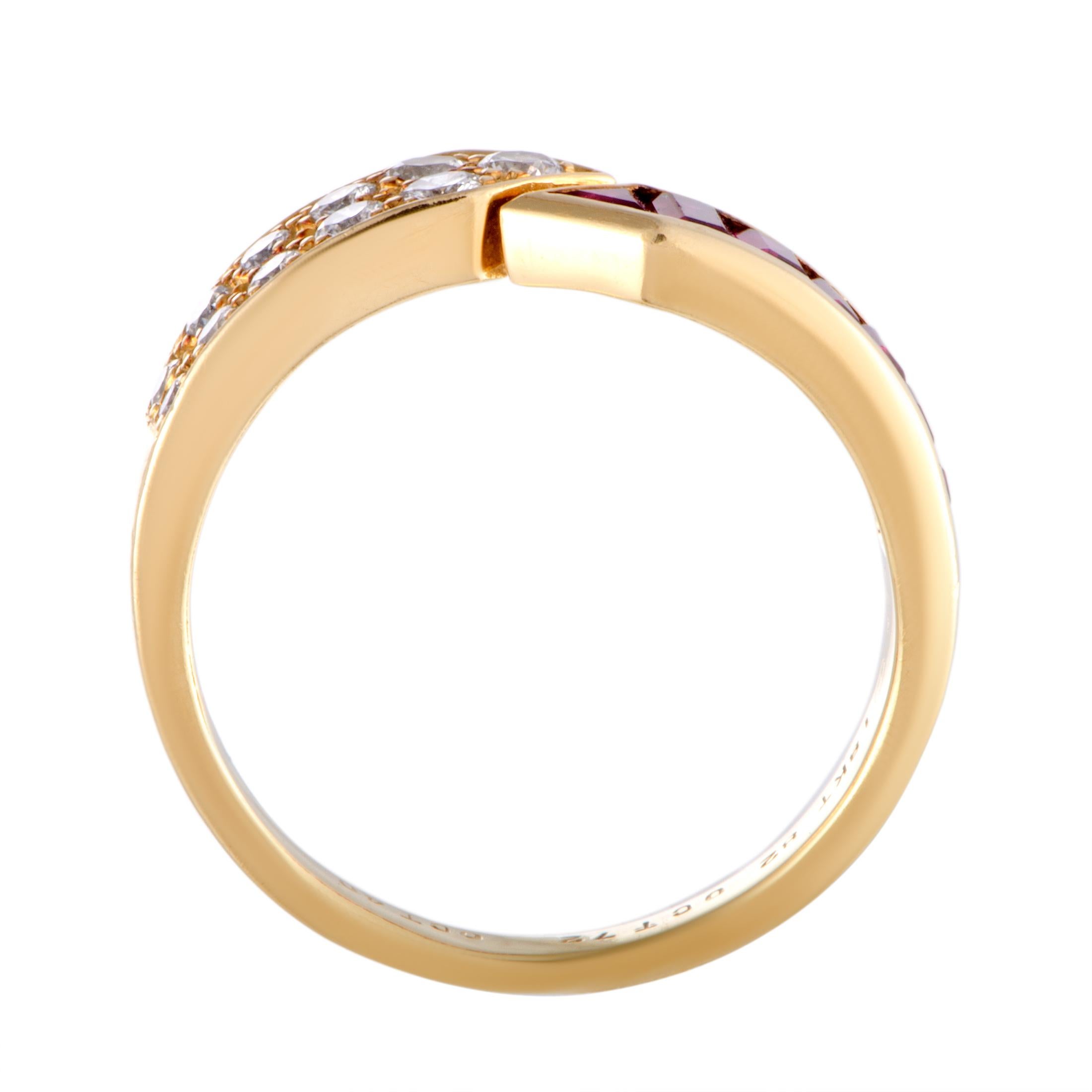 Add a splendidly feminine touch to your ensemble with this gorgeous Van Cleef & Arpels ring made of 18K yellow gold that boasts elegant design topped off with resplendent diamonds and regal rubies. The rubies weigh 0.72 carats in total, while the