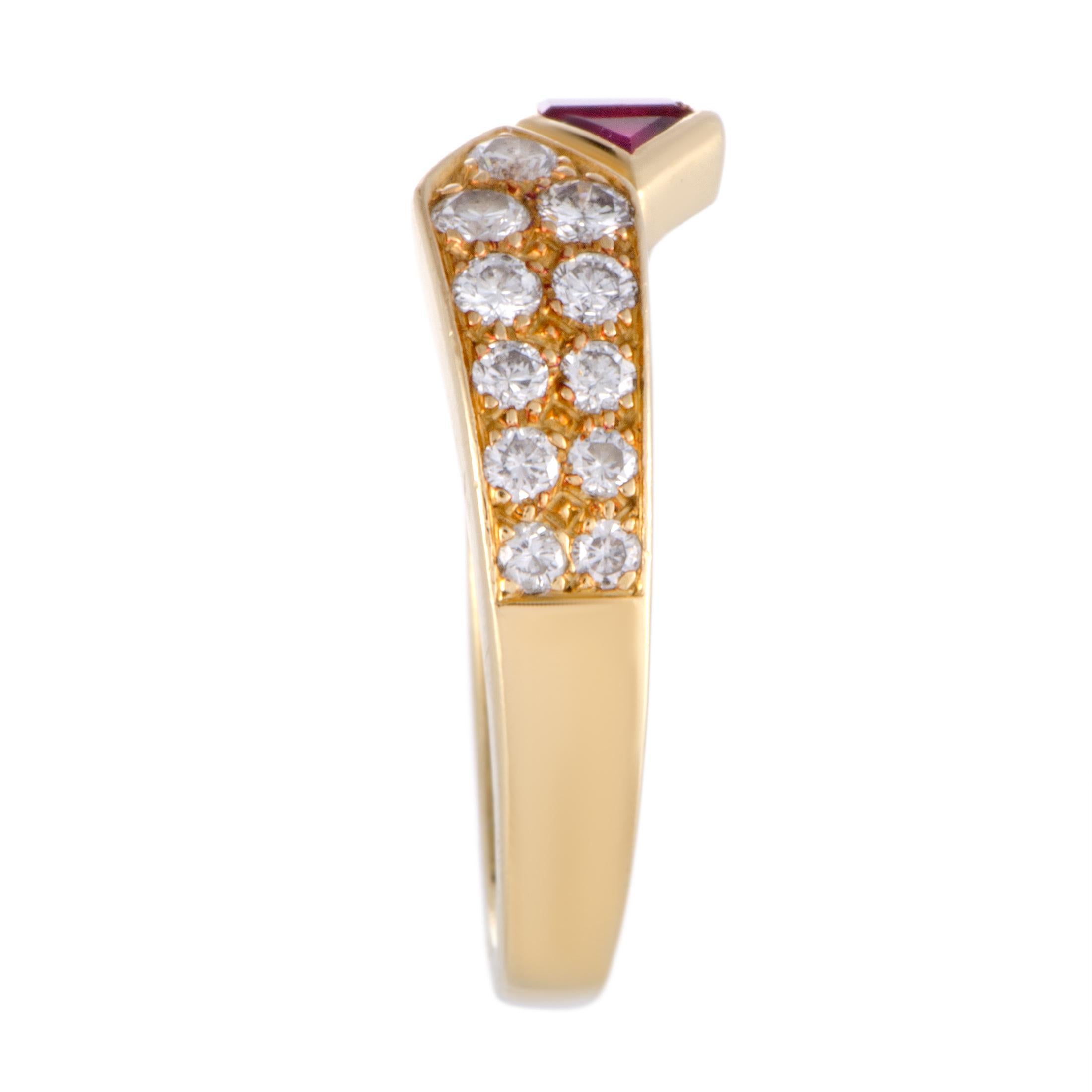 Van Cleef & Arpels Diamond Pave Ruby Invisible Setting Yellow Gold Band Ring In Excellent Condition In Southampton, PA
