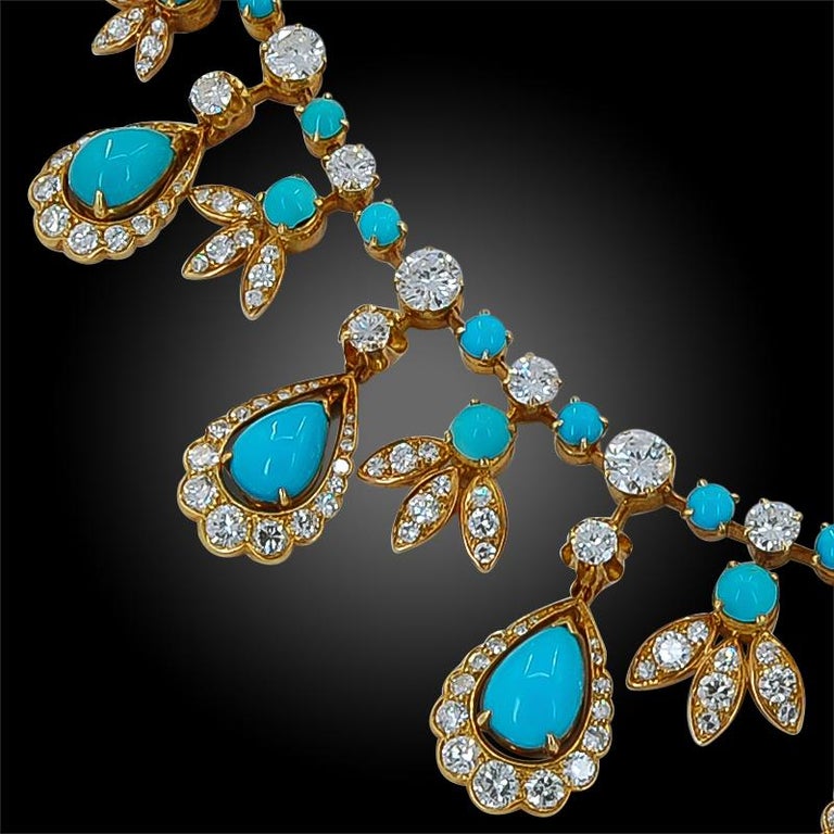 Van Cleef and Arpels Paris Diamond Turquoise Necklace For Sale at
