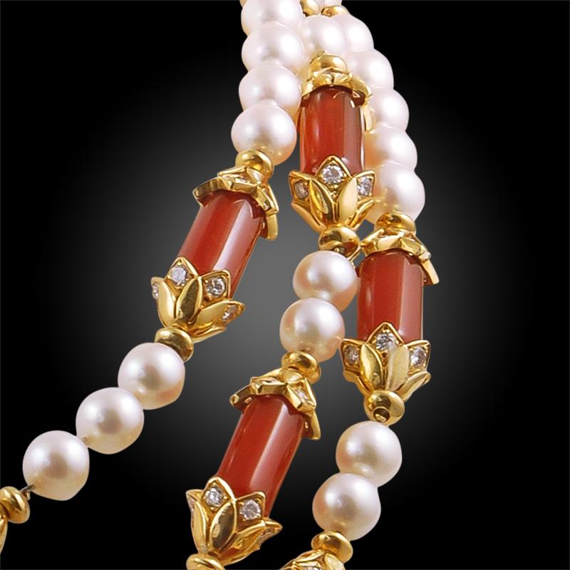 Van Cleef & Arpels Diamond, Pearl, Carnelian Necklace In Good Condition In New York, NY