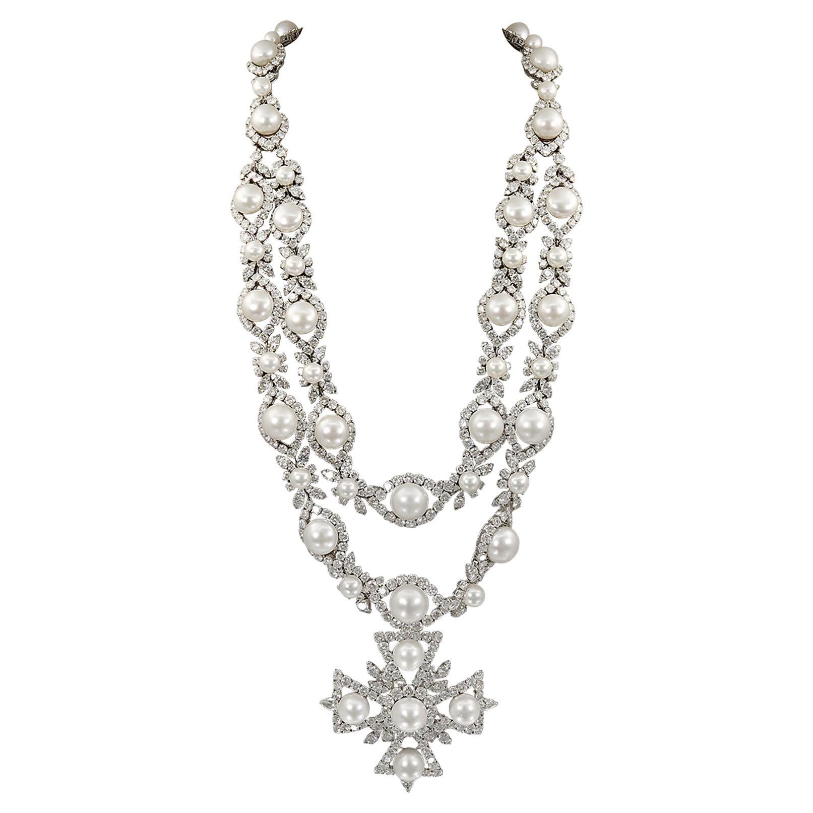 Van Cleef & Arpels Diamond Pearl Cross Necklace