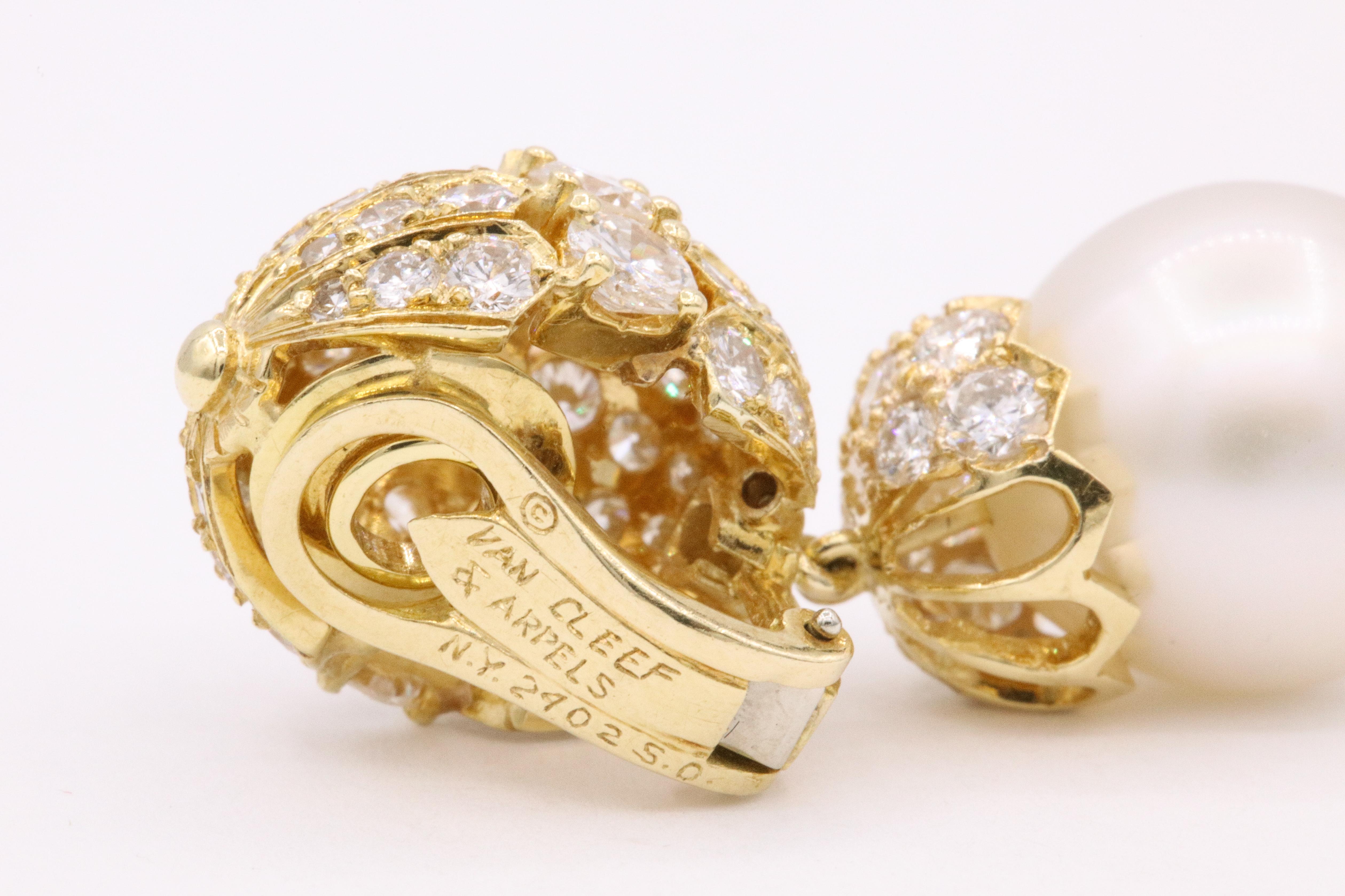 Round Cut Van Cleef & Arpels Diamond Pearl Earrings, Property of Rockefeller