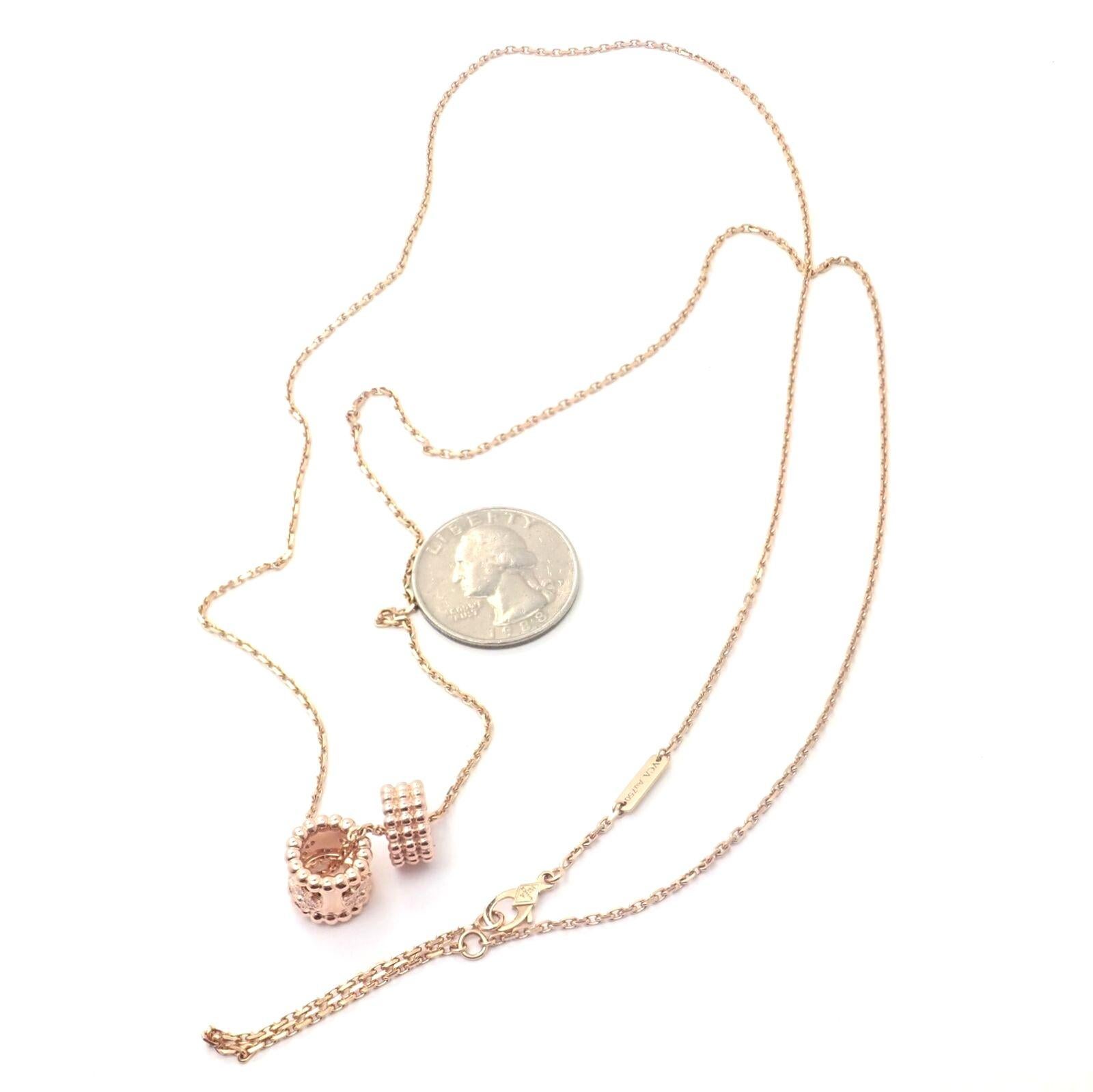 Brilliant Cut Van Cleef & Arpels Diamond Perlee Clover 2 Pendants Chain Rose Gold Necklace For Sale