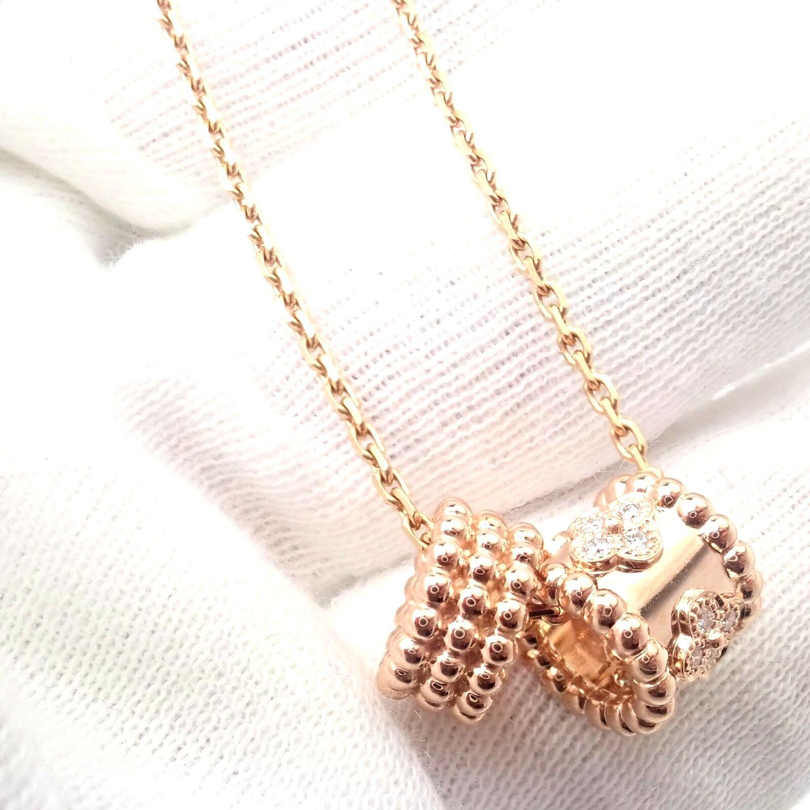 Van Cleef & Arpels Diamond Perlee Clover 2 Pendants Chain Rose Gold Necklace In Excellent Condition For Sale In Holland, PA