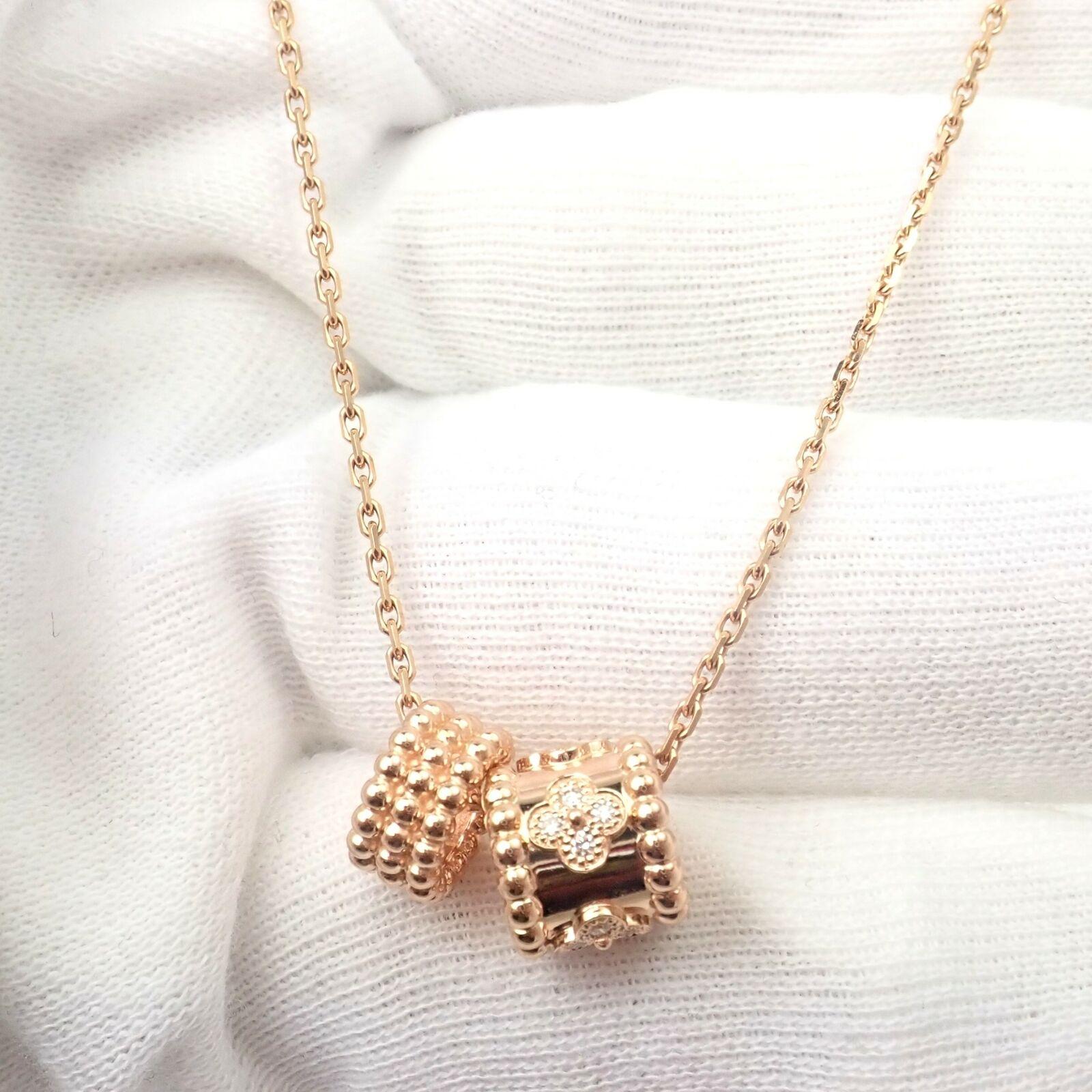 Van Cleef & Arpels Diamond Perlee Clover 2 Pendants Chain Rose Gold Necklace For Sale 1