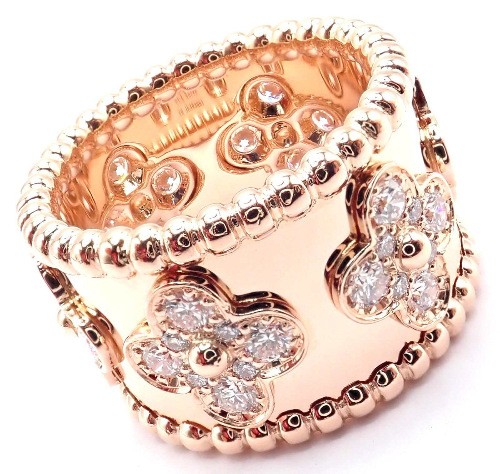 18k Rose Gold Diamond Perlee Clovers Band Ring by Van Cleef & Arpels.
With 24 Round brilliant cut diamonds VS1 clarity, E color 
This ring is in mint, like new condition and it comes with service paper from a VCA store.
 Details:
 Size:  5 1/4,