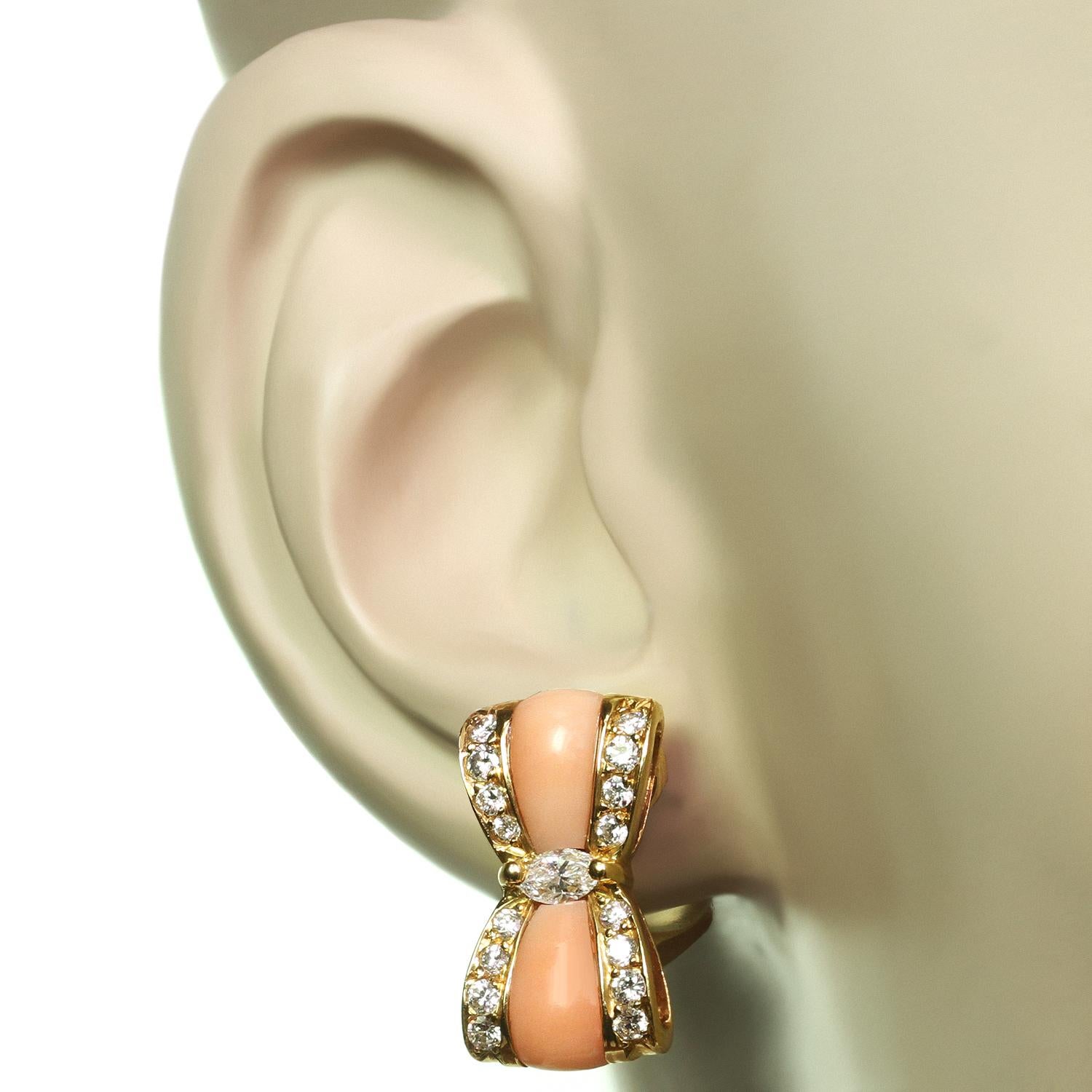 Brilliant Cut Van Cleef & Arpels Diamond Pink Coral Yellow Gold Bow Earrings