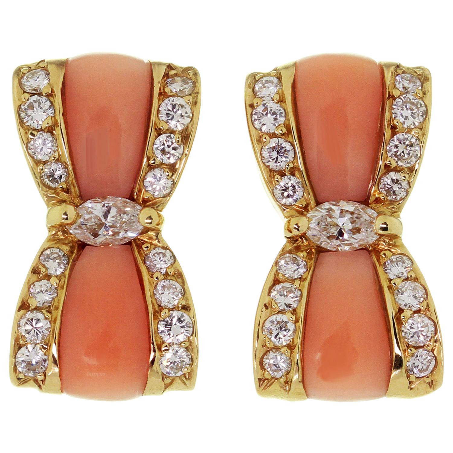 Van Cleef & Arpels Diamond Pink Coral Yellow Gold Bow Earrings