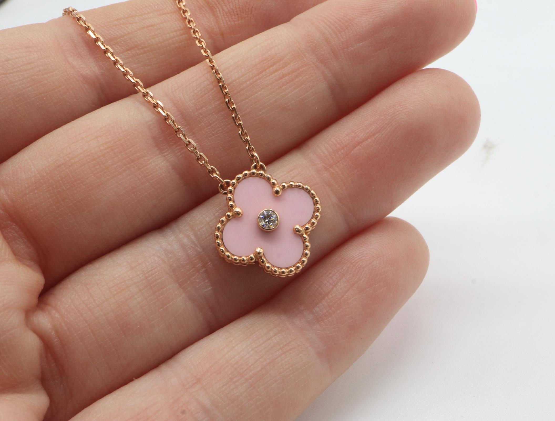 Van Cleef & Arpels Diamond Pink Porcelain Alhambra Necklace 18K Rose Gold In Excellent Condition For Sale In Carmel-by-the-Sea, CA