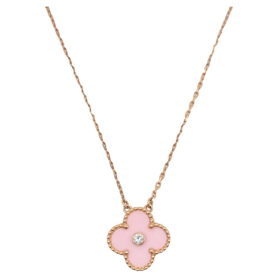 Van Cleef & Arpels Diamond Pink Porcelain Alhambra Necklace 18K Rose Gold For Sale