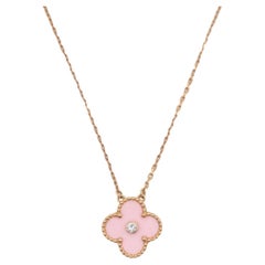 Vintage Van Cleef & Arpels Diamond Pink Porcelain Alhambra Necklace 18K Rose Gold