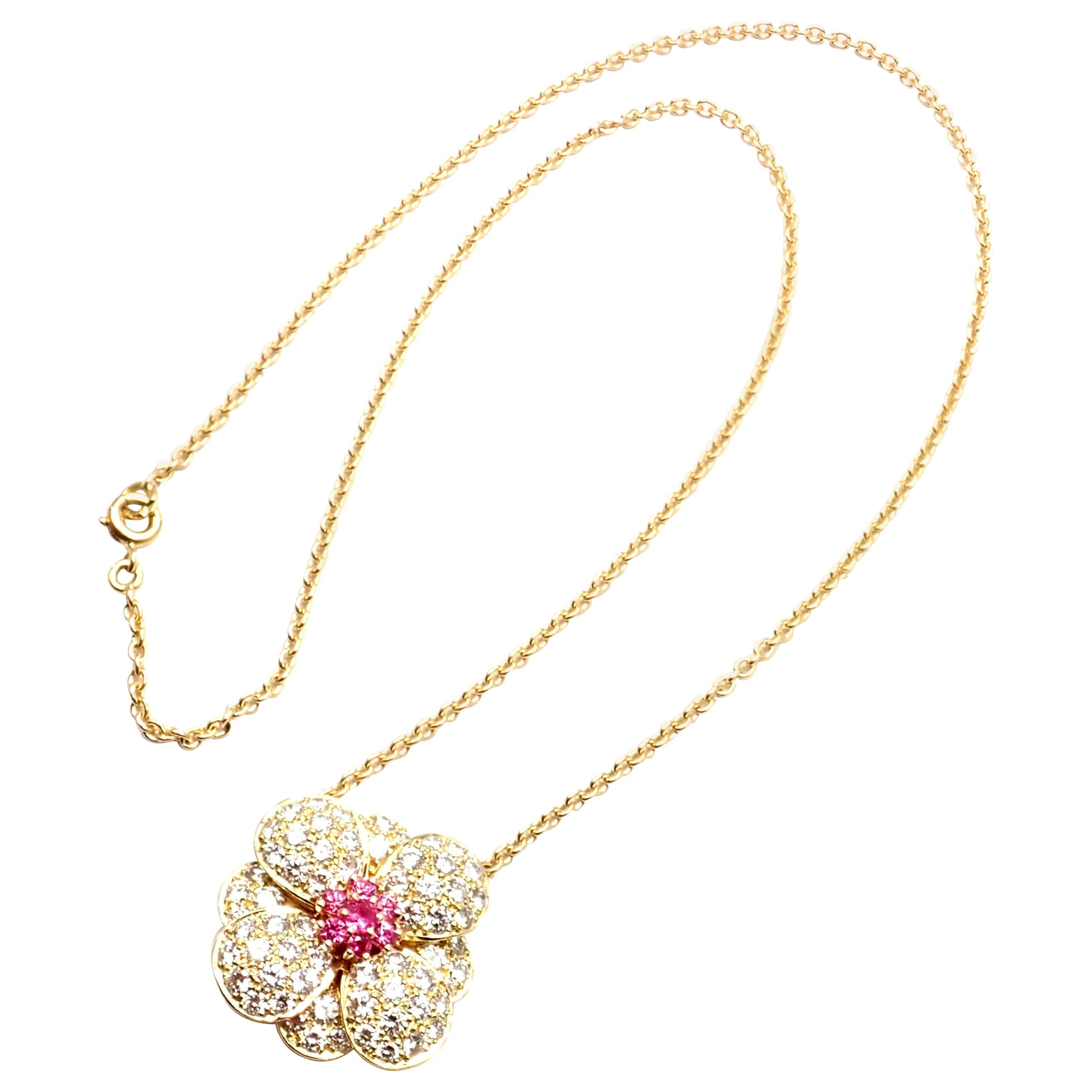 Van Cleef & Arpels Diamond Pink Sapphire Flower Yellow Gold Pendant Necklace