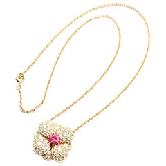 Vintage Van Cleef & Arpels Diamond Pink Sapphire Flower Yellow Gold Pendant Necklace