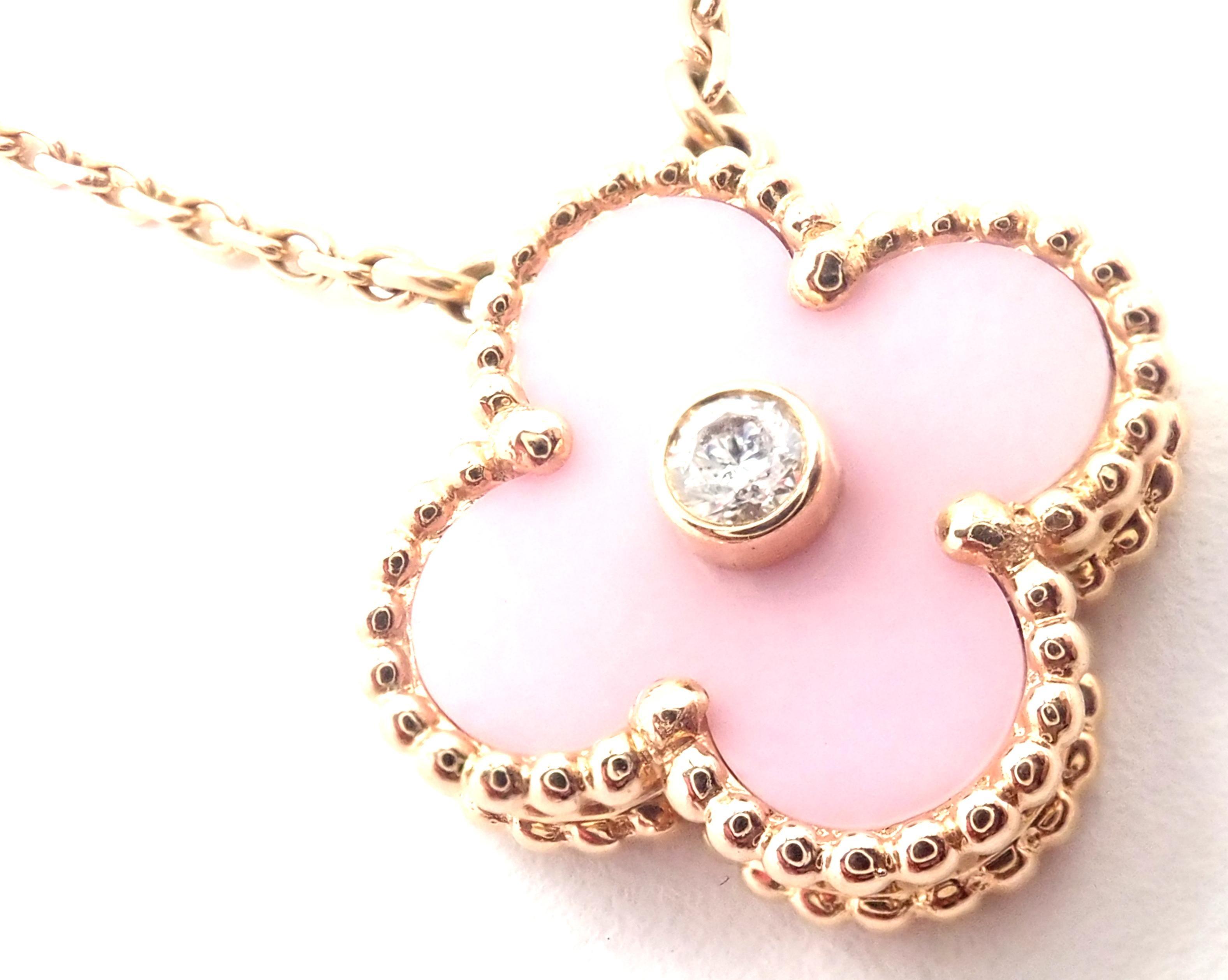 18k Rose Gold Limited Edition Alhambra Diamond And Pink Porcelain Necklace. 
With 1 alhambra shape pink porcelain clover 15mm
1 round brilliant cut diamond VVS1 clarity, E color total weigh approx. .06ct
This necklace is LIMITED EDITION Van Cleef
