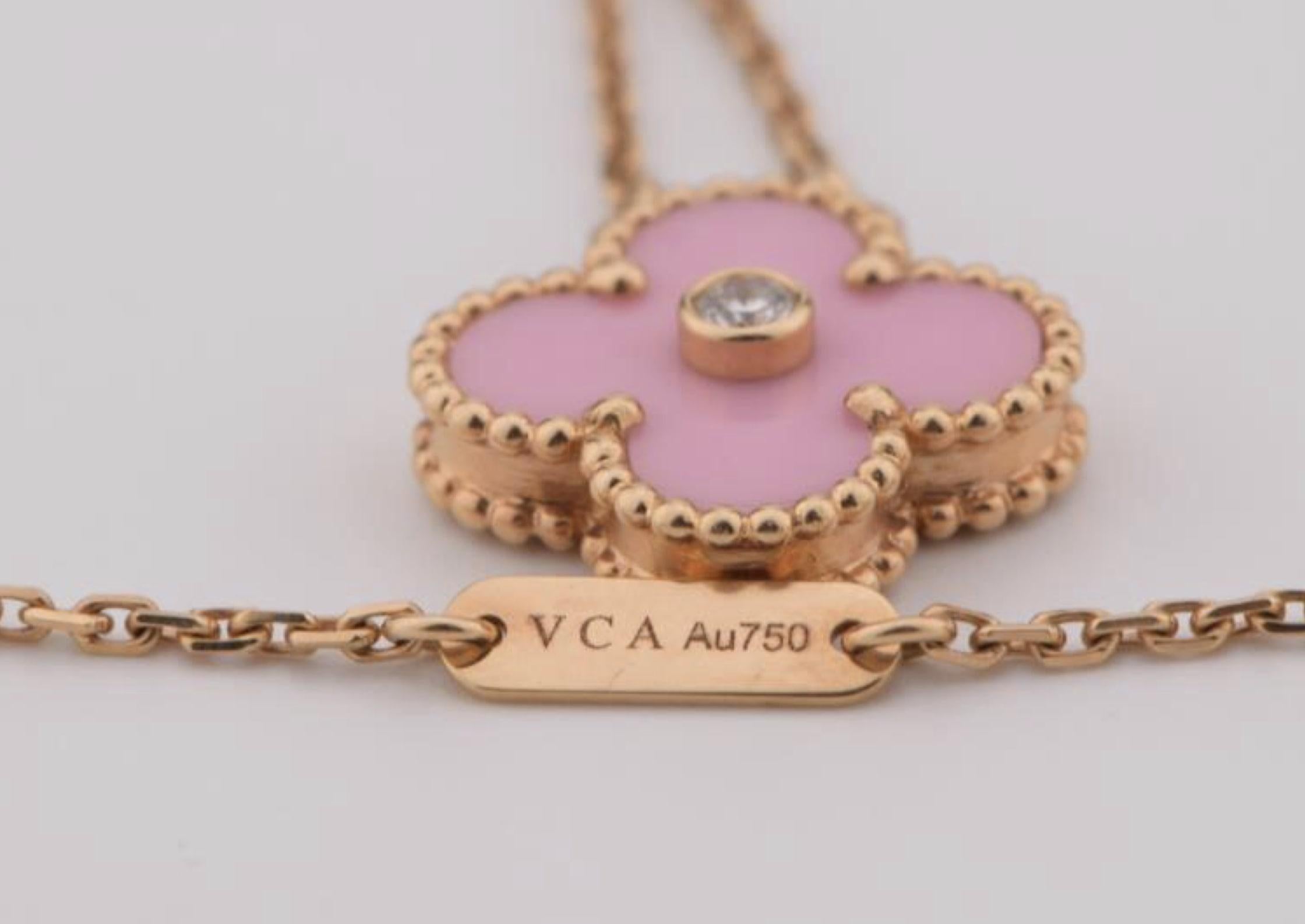 Round Cut Van Cleef & Arpels Diamond Porcelain Limited Edition Alhambra Rose Gold Necklace