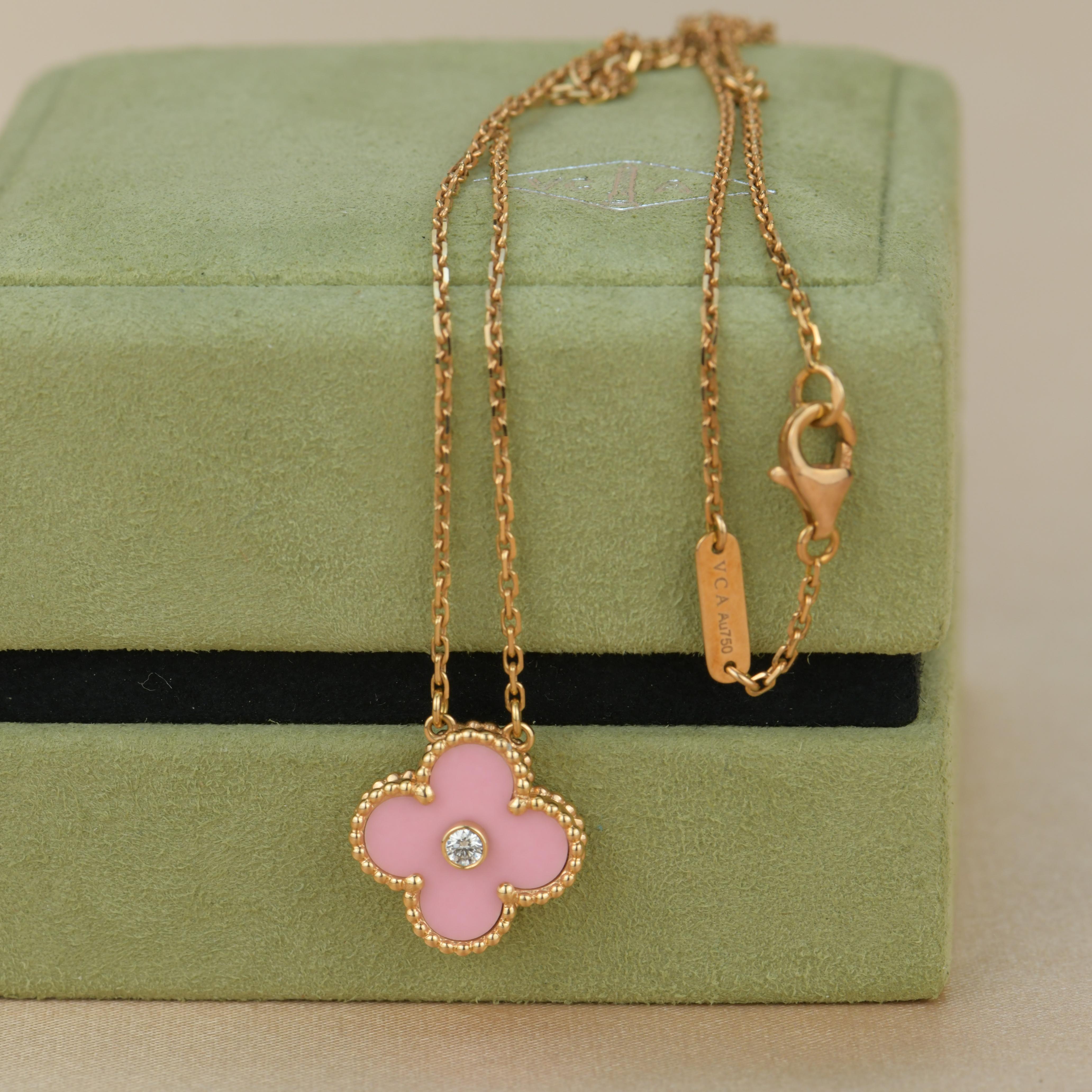 Brilliant Cut Van Cleef & Arpels Diamond Porcelain Limited Edition Alhambra Rose Gold Necklace